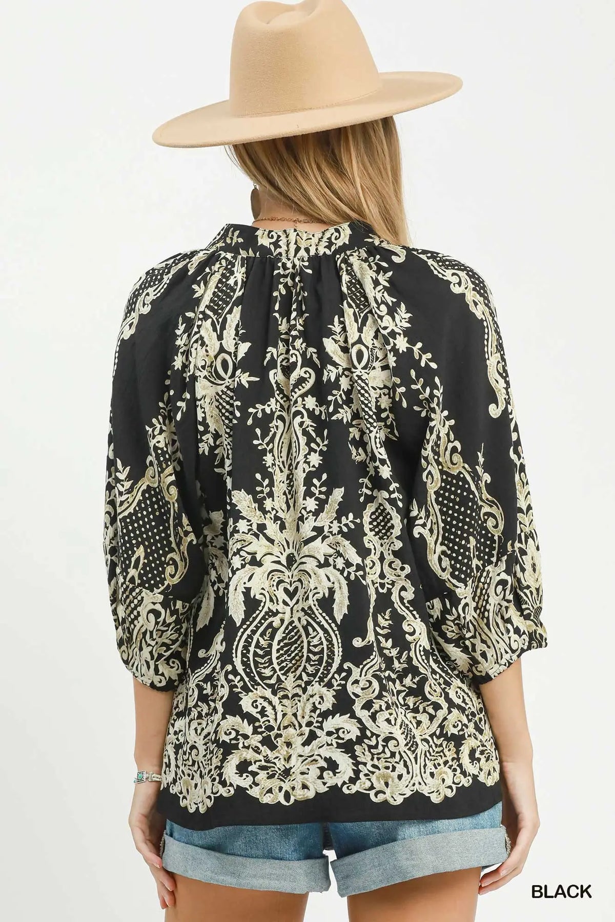 UMGEE Black Boho Border Print Tie Neck Blouse
