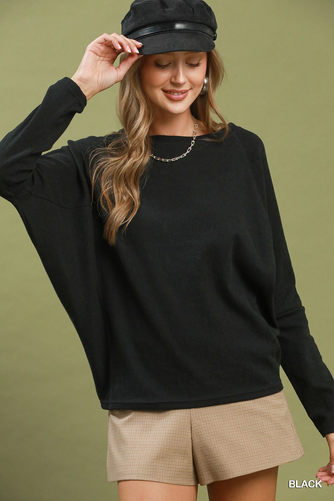 UMGEE Black Textured Knit Long Sleeve Pullover Top