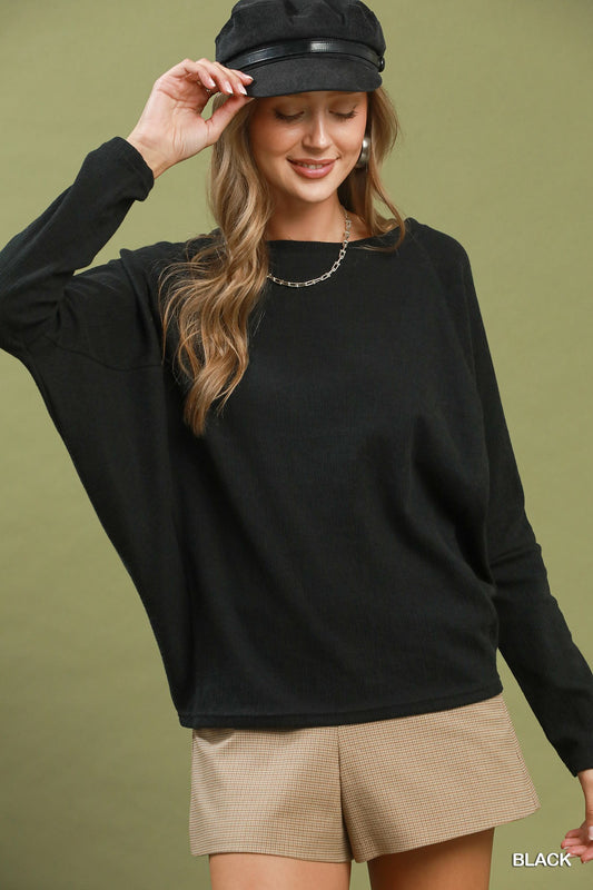 UMGEE Black Textured Knit Long Sleeve Pullover Top