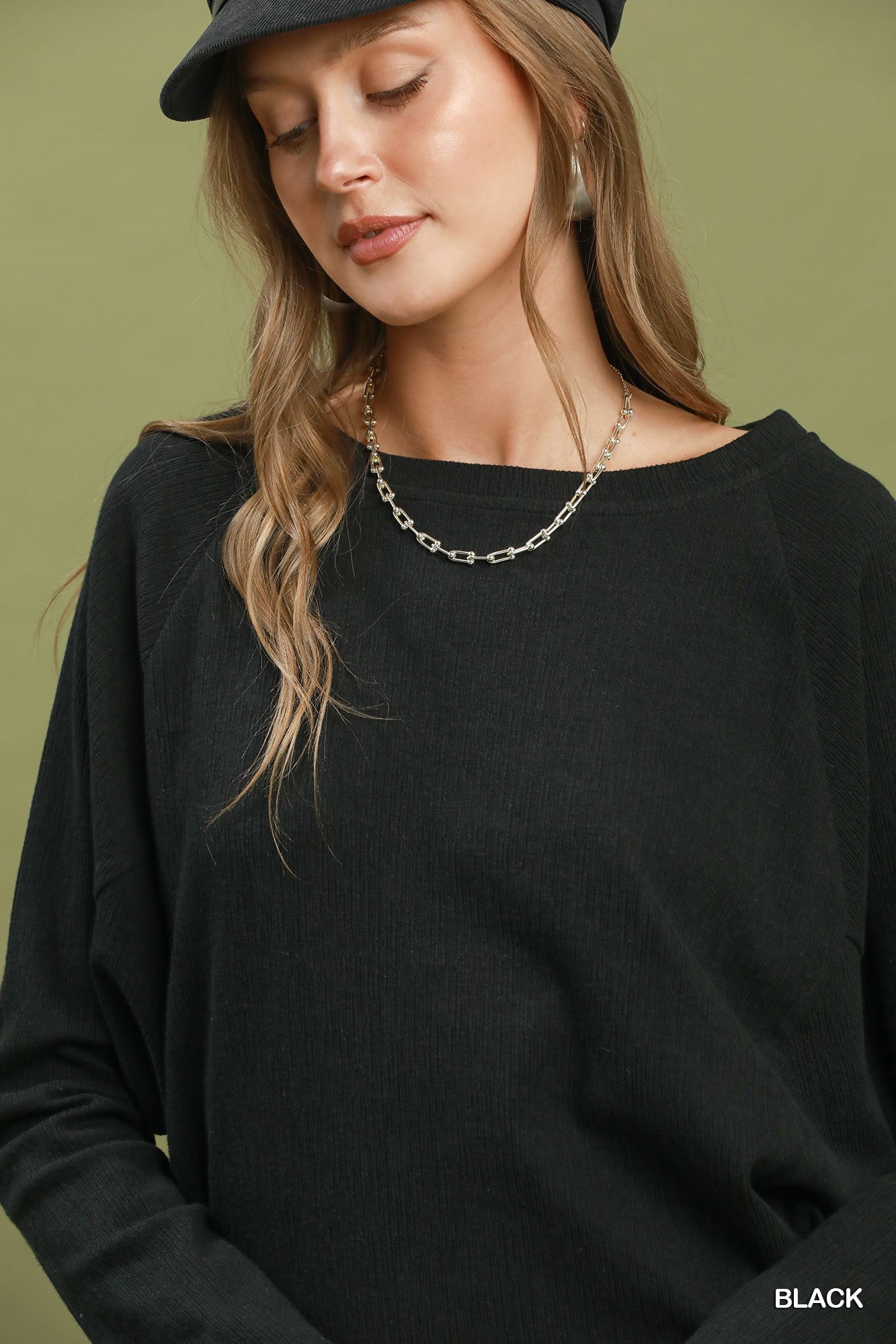 UMGEE Black Textured Knit Long Sleeve Pullover Top