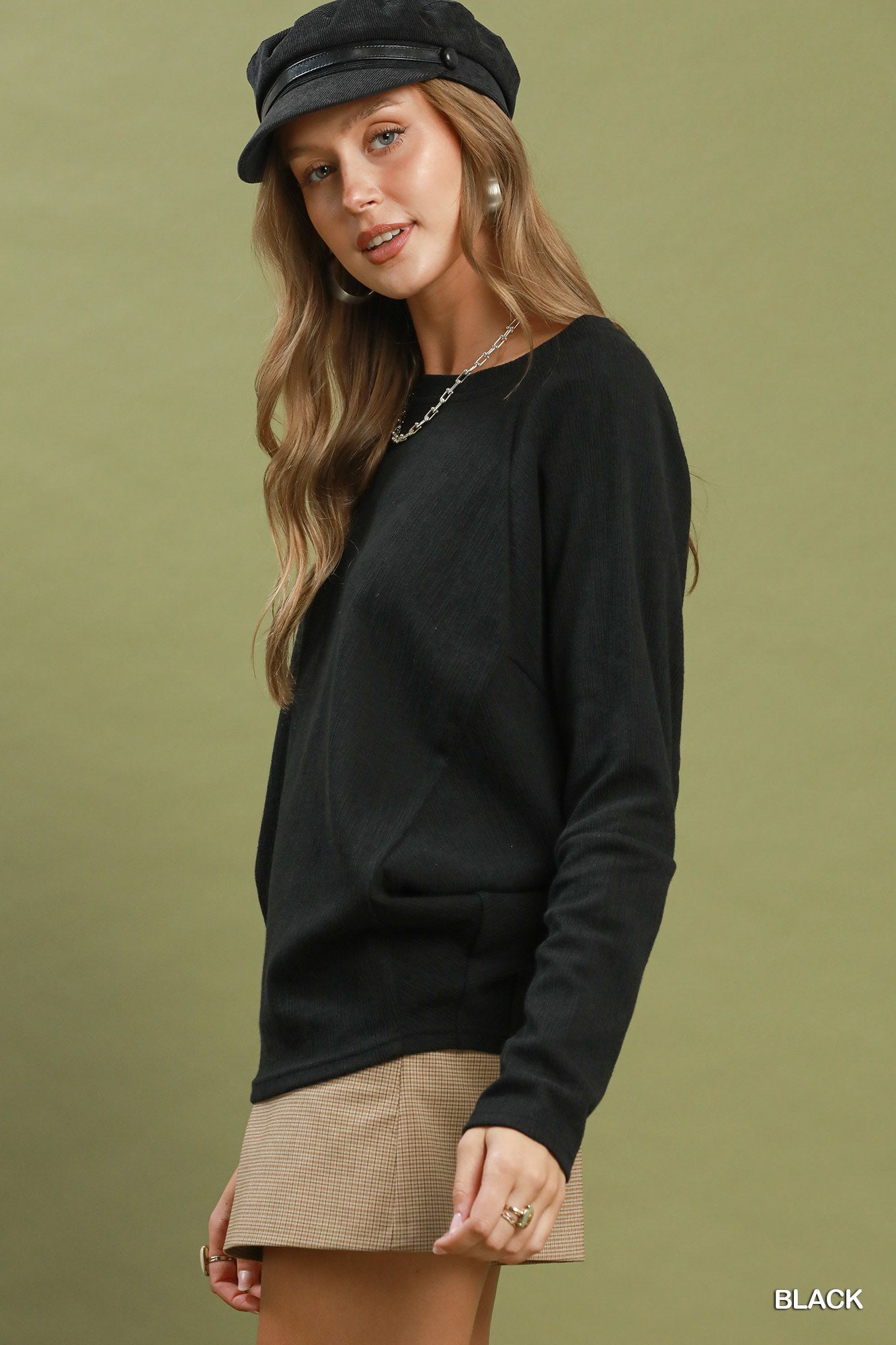 UMGEE Black Textured Knit Long Sleeve Pullover Top