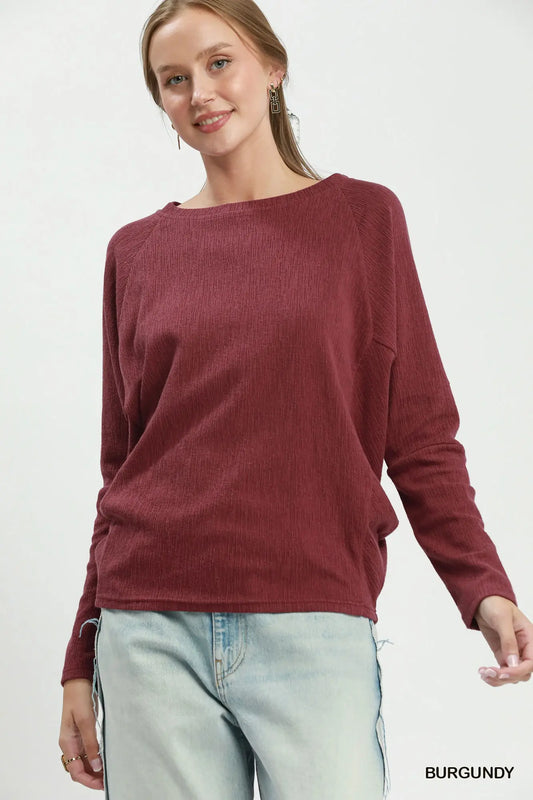 UMGEE Burgundy Textured Knit Long Sleeve Pullover Top