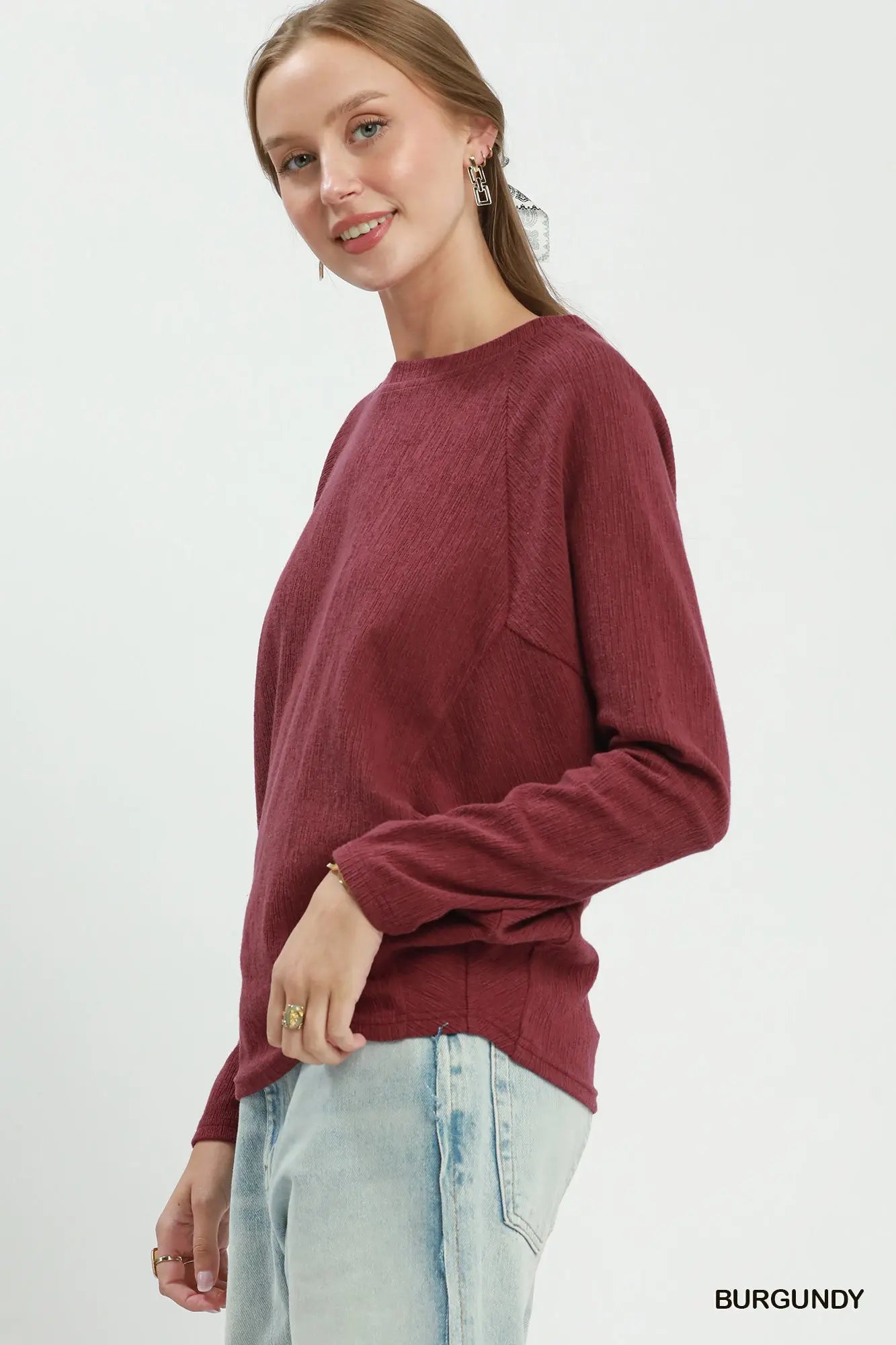 UMGEE Burgundy Textured Knit Long Sleeve Pullover Top