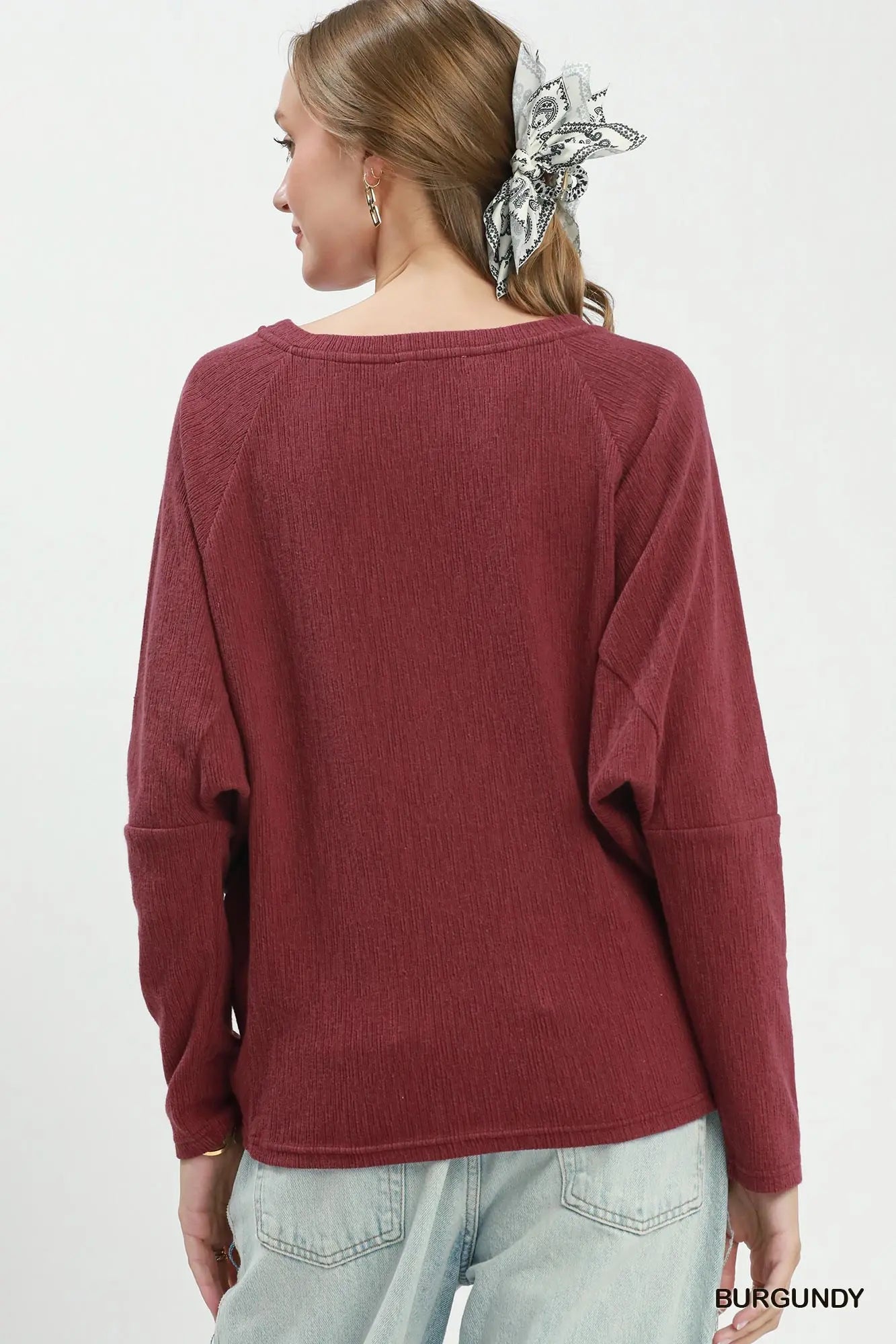 UMGEE Burgundy Textured Knit Long Sleeve Pullover Top