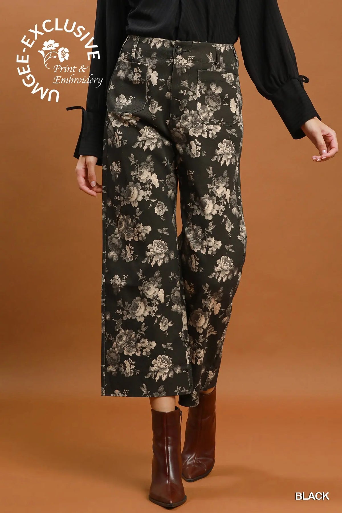 UMGEE Black Floral Print Wide Leg Cropped Pants