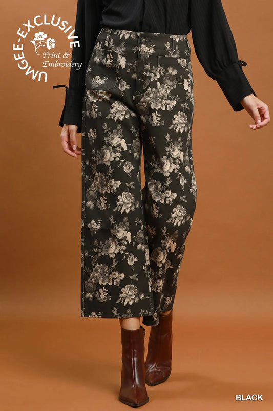 UMGEE Black Floral Print Wide Leg Cropped Pants