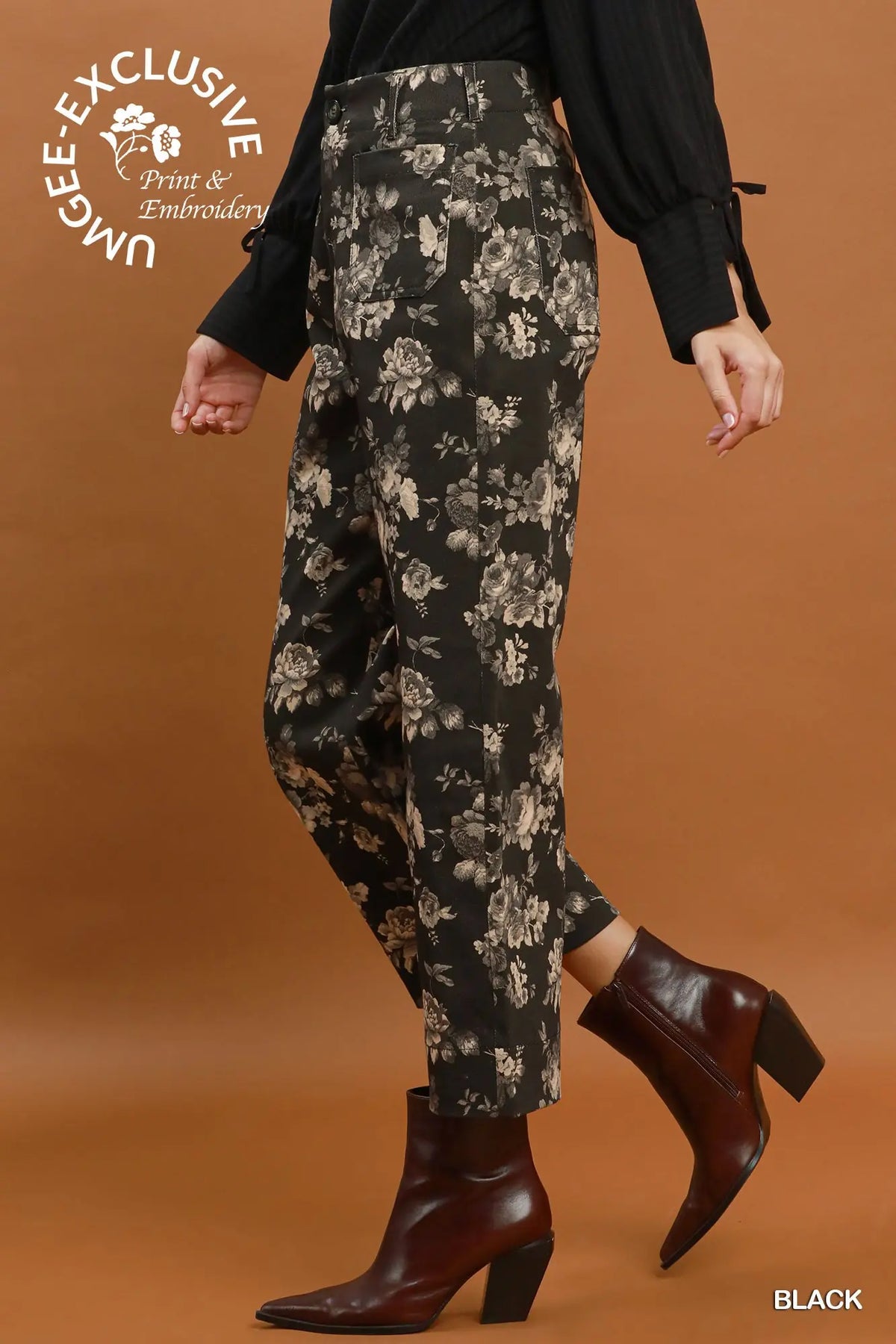 UMGEE Black Floral Print Wide Leg Cropped Pants