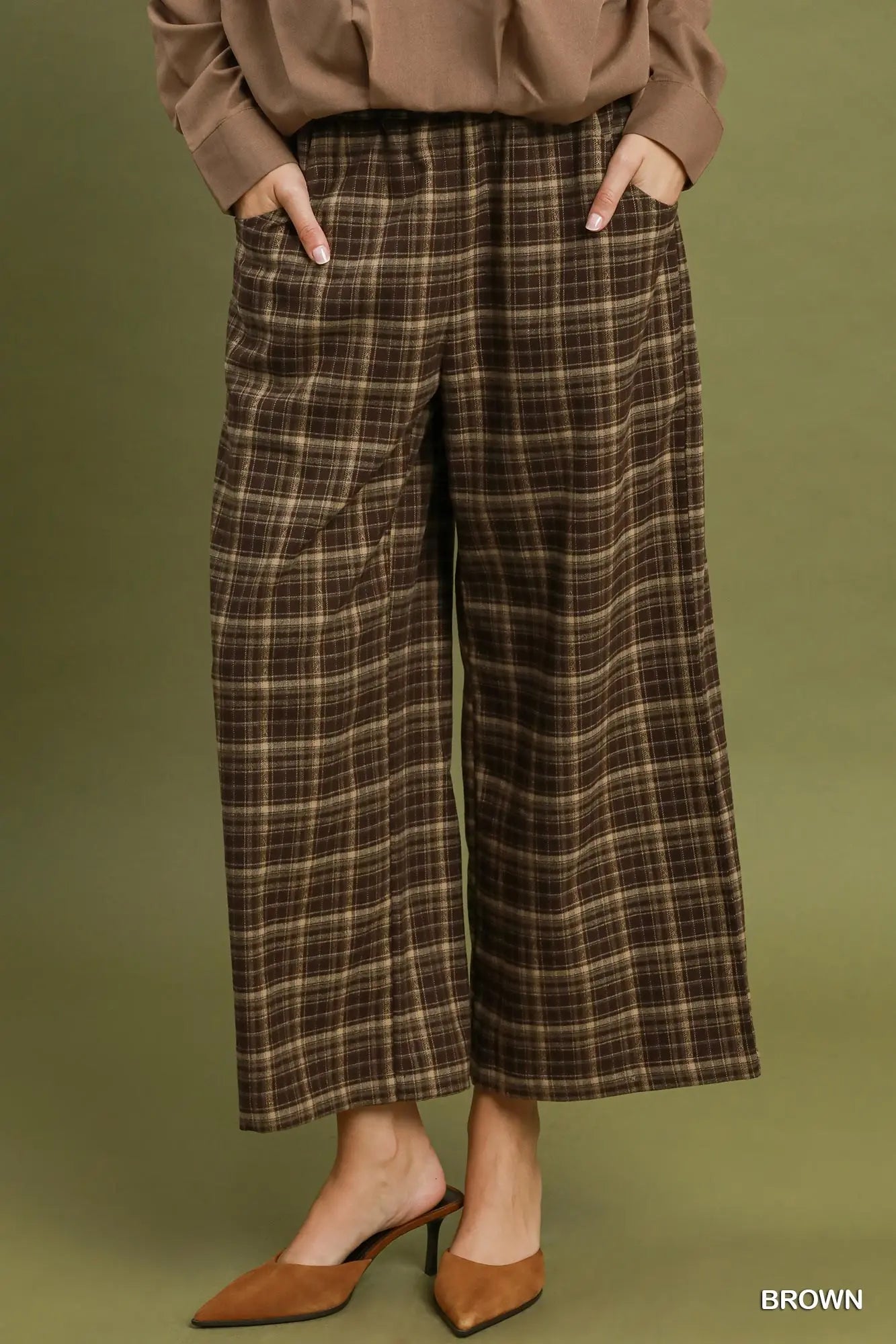 UMGEE Brown Tartan Plaid Wide Leg Pull-On Pants