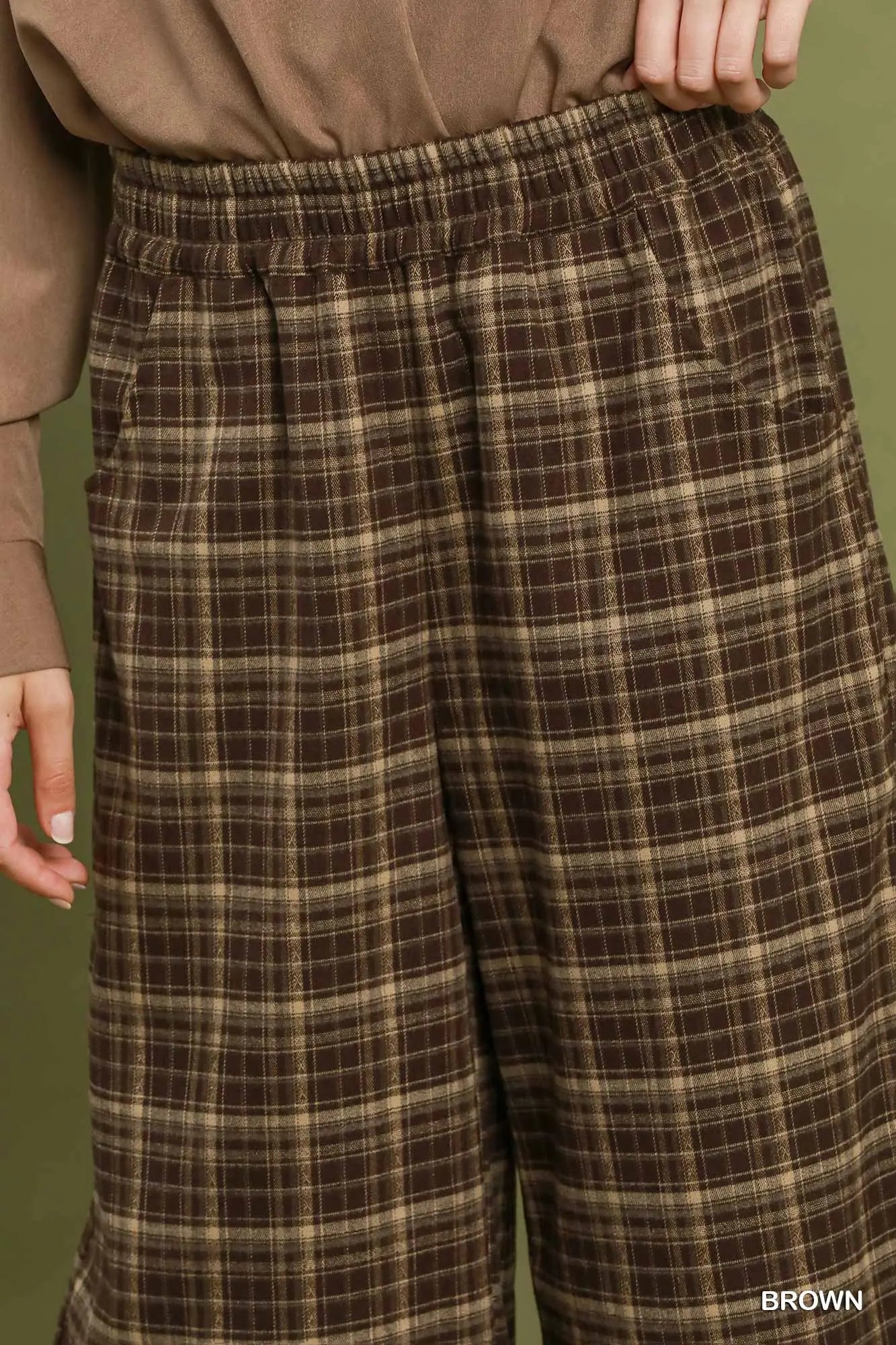 UMGEE Brown Tartan Plaid Wide Leg Pull-On Pants