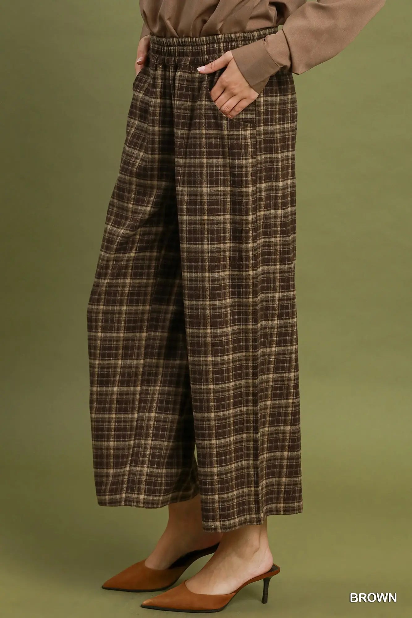 UMGEE Brown Tartan Plaid Wide Leg Pull-On Pants