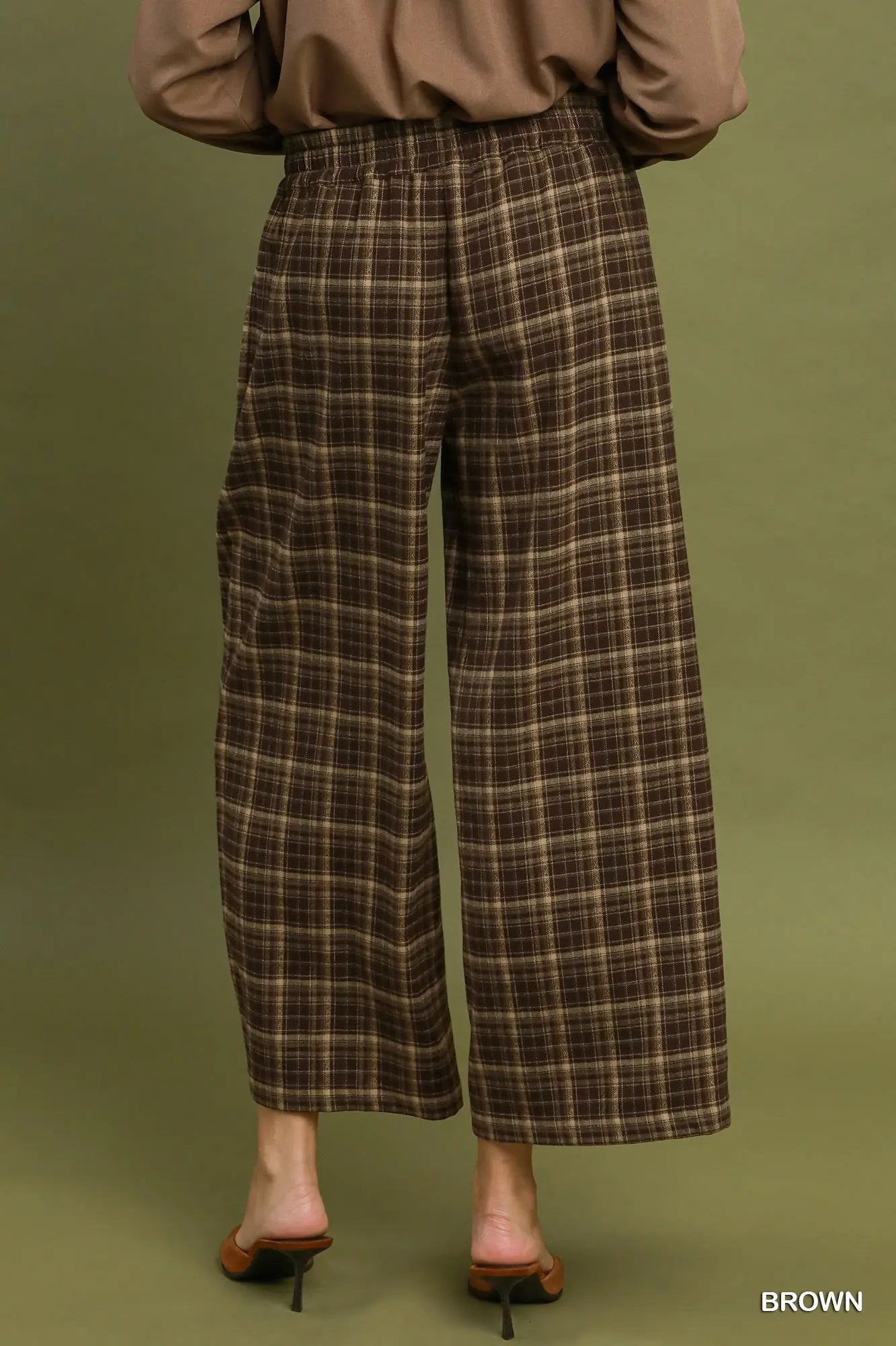 UMGEE Brown Tartan Plaid Wide Leg Pull-On Pants