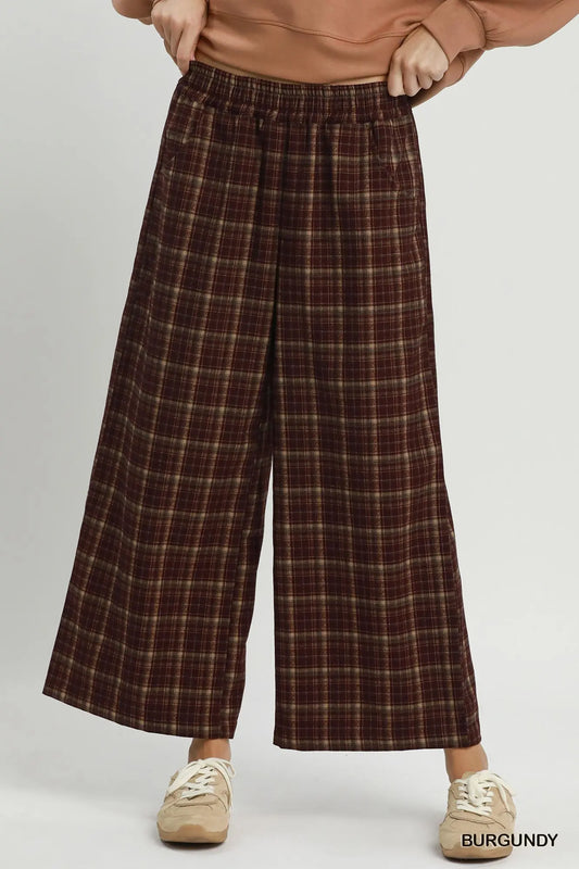 UMGEE Burgundy Brown Tartan Plaid Wide Leg Pull-On Pants