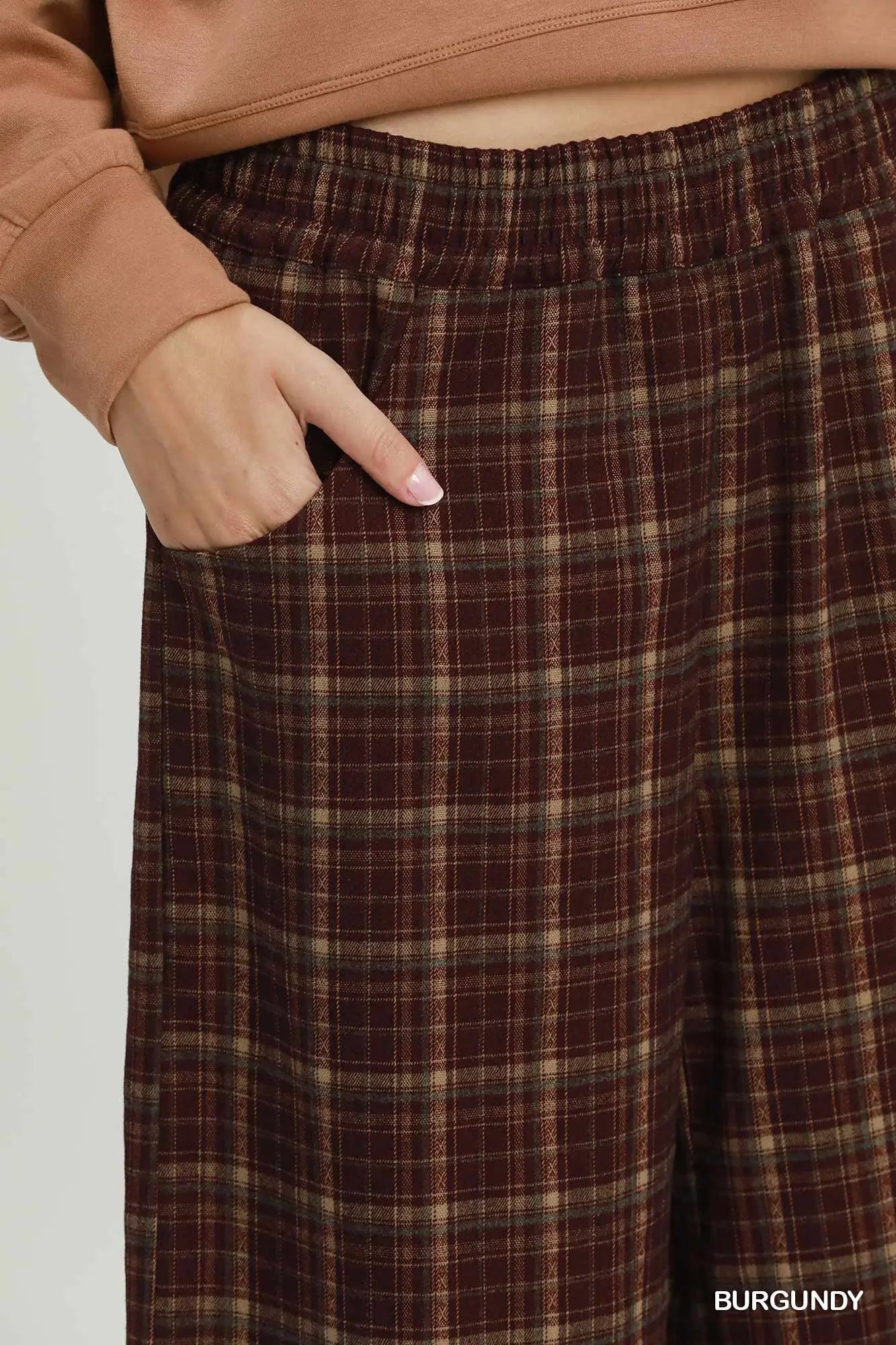 UMGEE Burgundy Brown Tartan Plaid Wide Leg Pull-On Pants