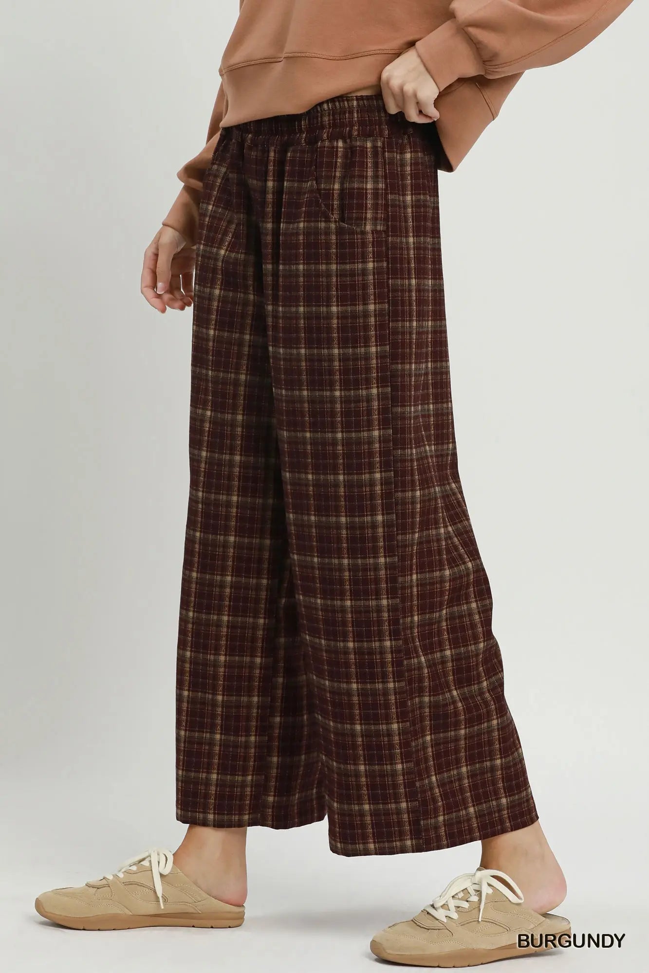UMGEE Burgundy Brown Tartan Plaid Wide Leg Pull-On Pants