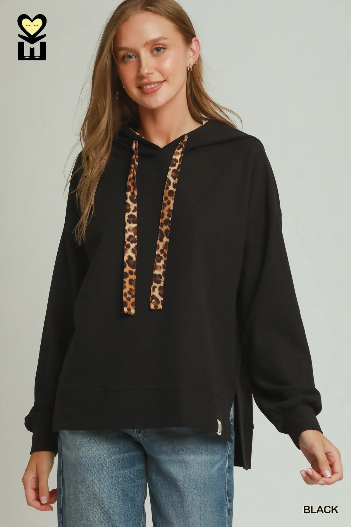 UMGEE Black Waffle Knit Animal Print Hoodie