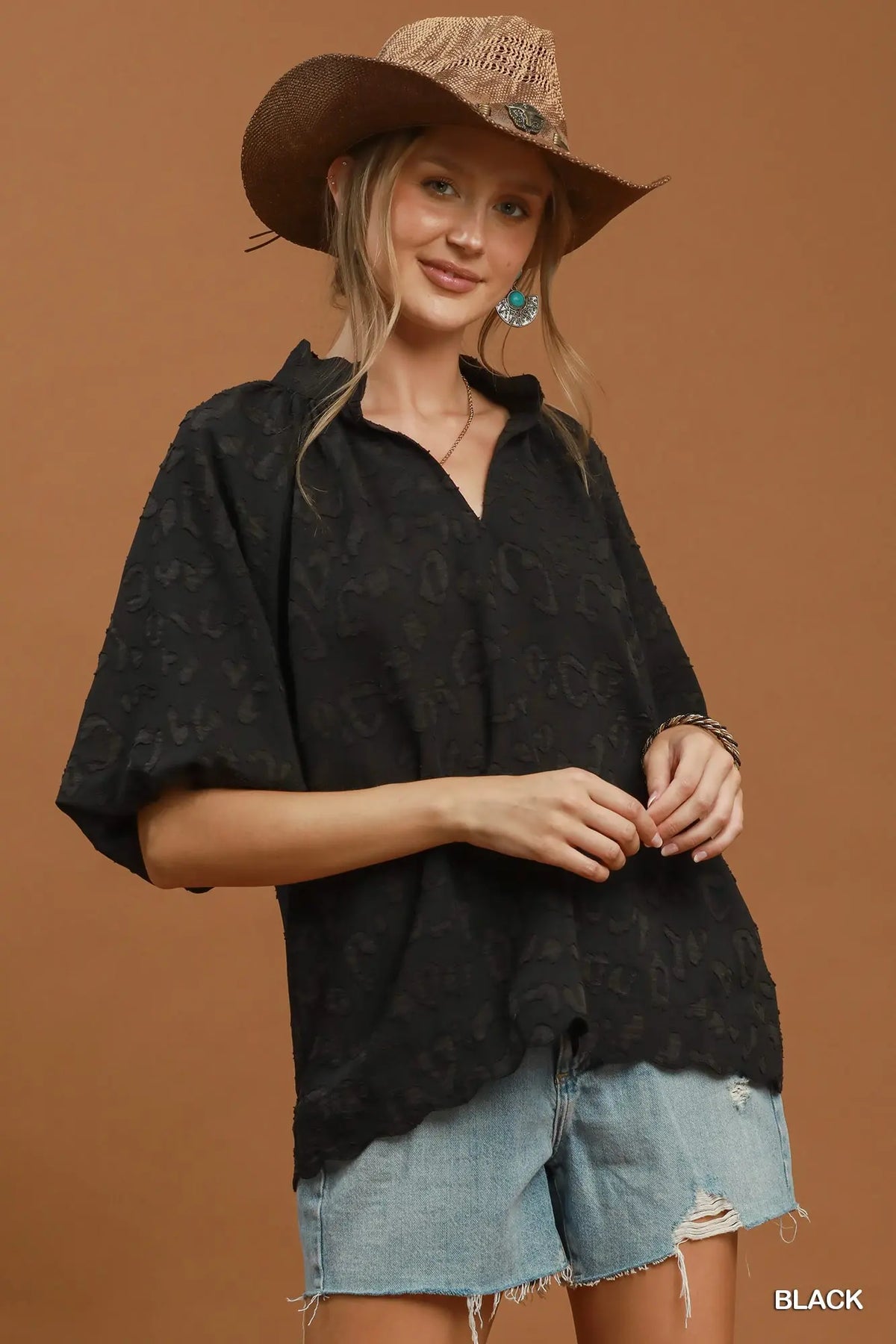 UMGEE Black Leopard Puff Sleeve Top