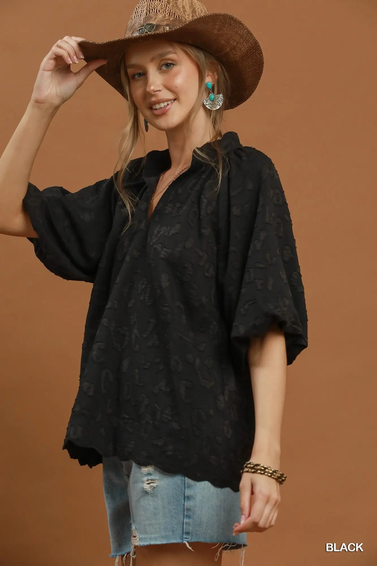 UMGEE Black Leopard Puff Sleeve Top