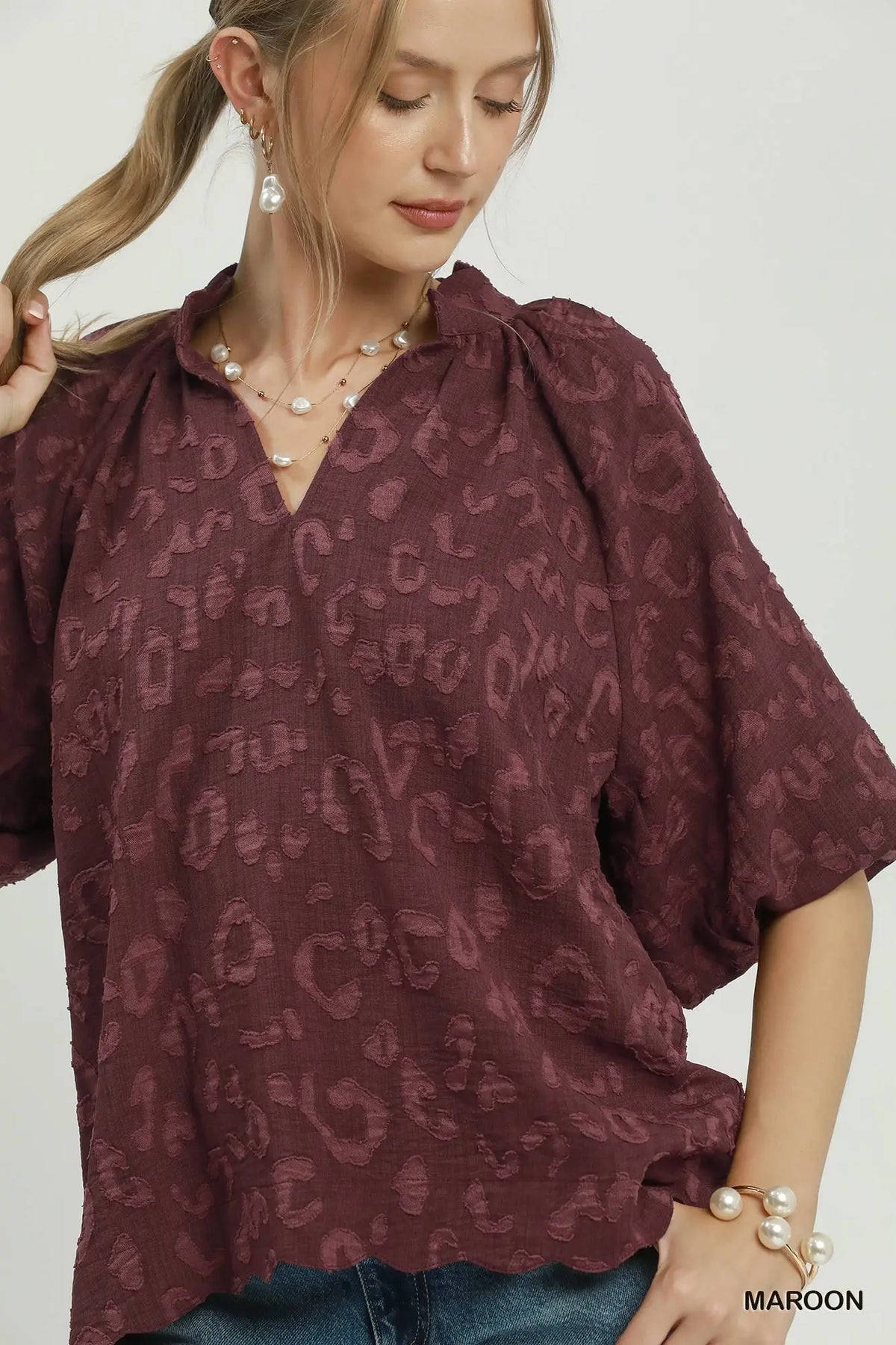 UMGEE Maroon Leopard Puff Sleeve Top