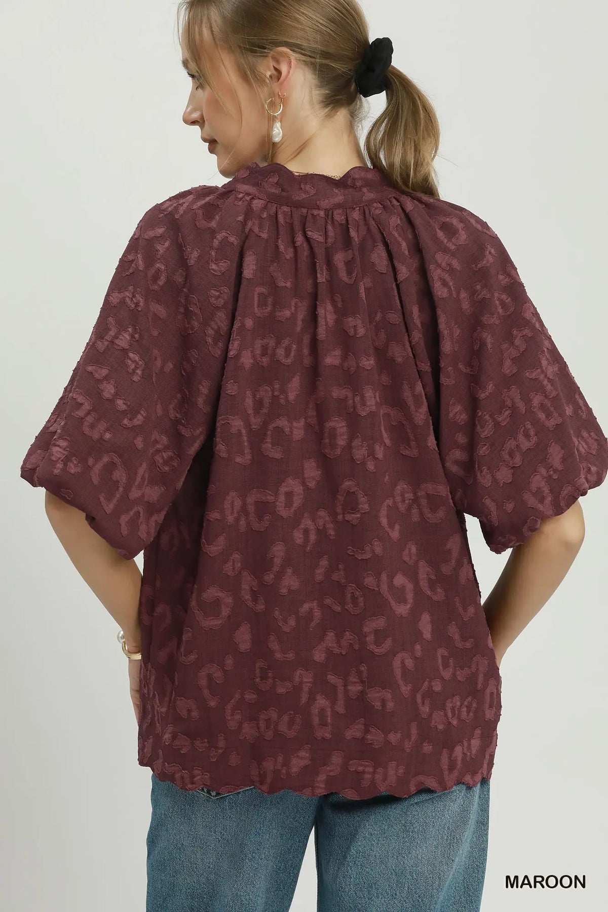 UMGEE Maroon Leopard Puff Sleeve Top