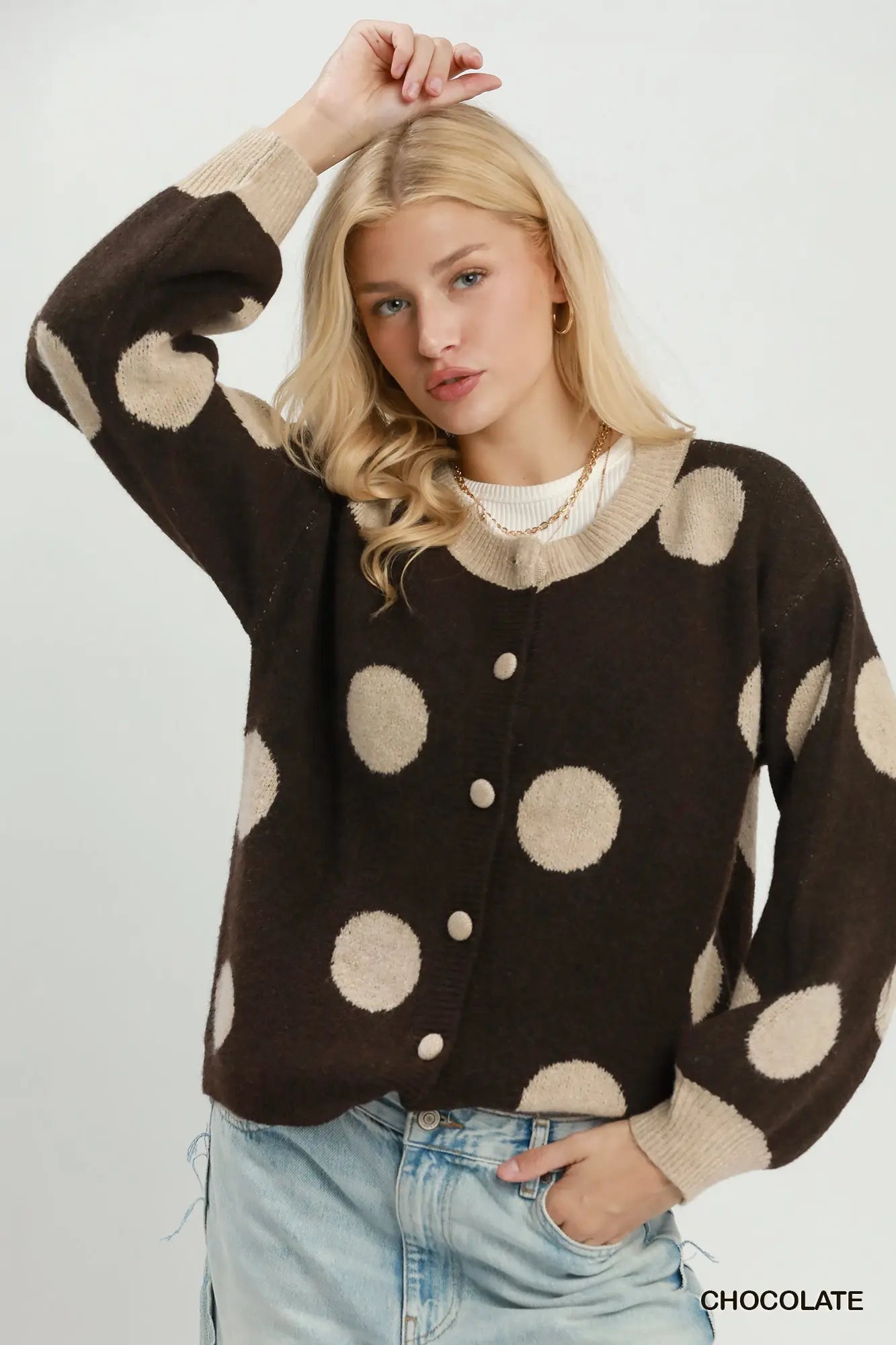 UMGEE Chocolate Polka Dot Knit Cardigan