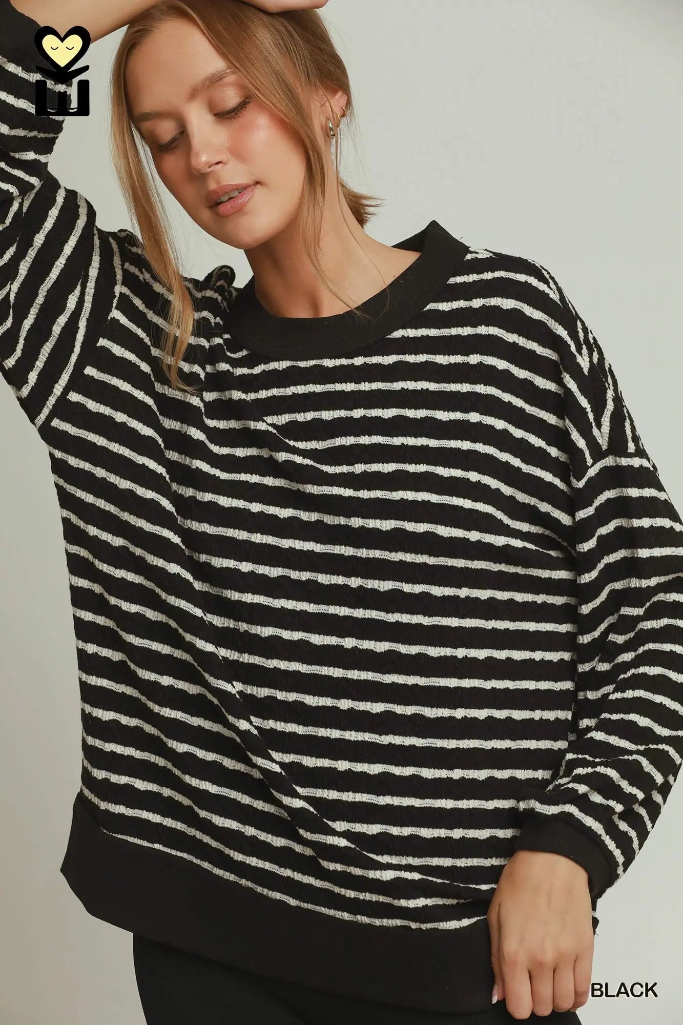 UMGEE Black Cable Knit Textured Stripe Pullover Sweater