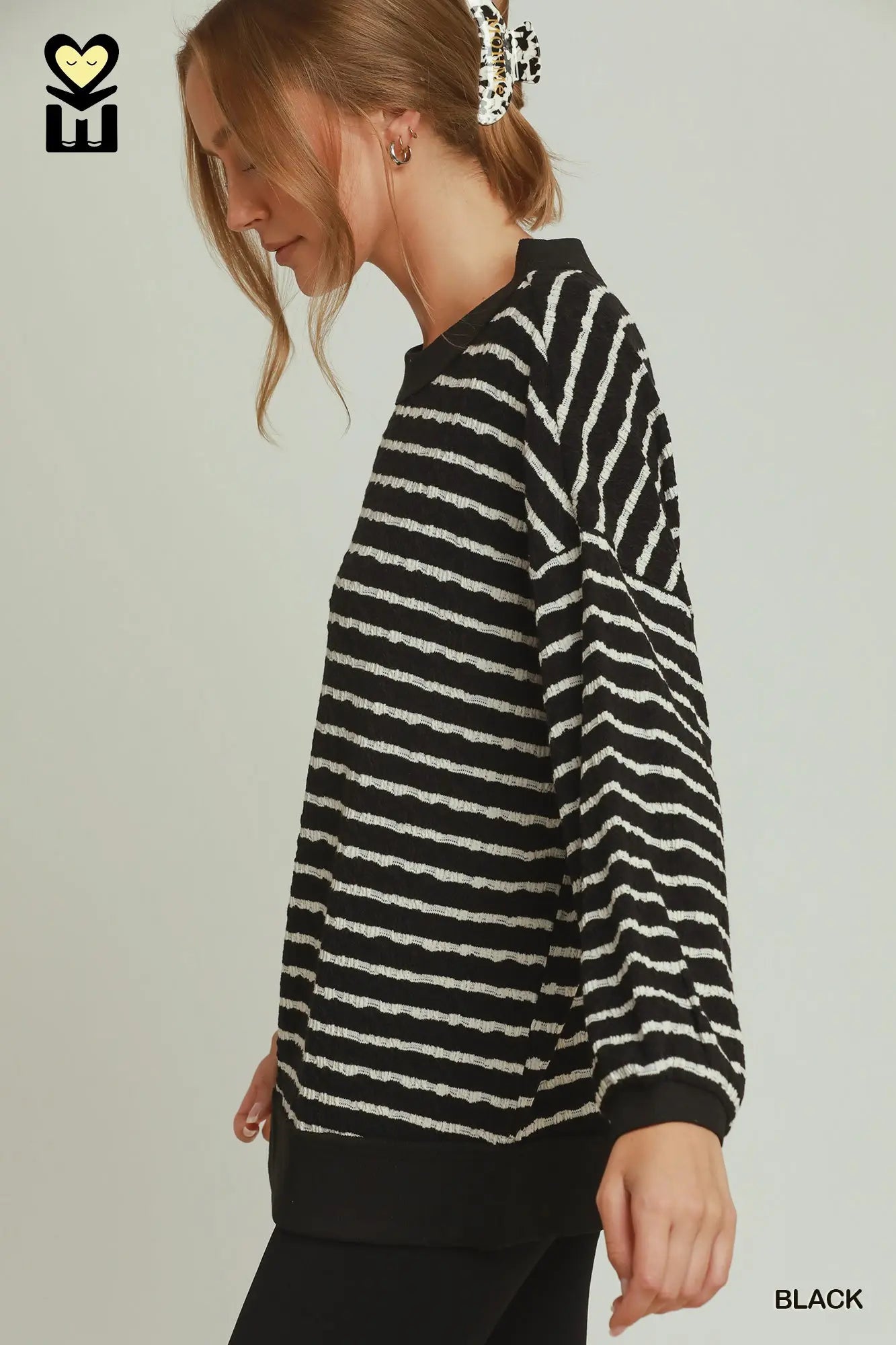 UMGEE Black Cable Knit Textured Stripe Pullover Sweater