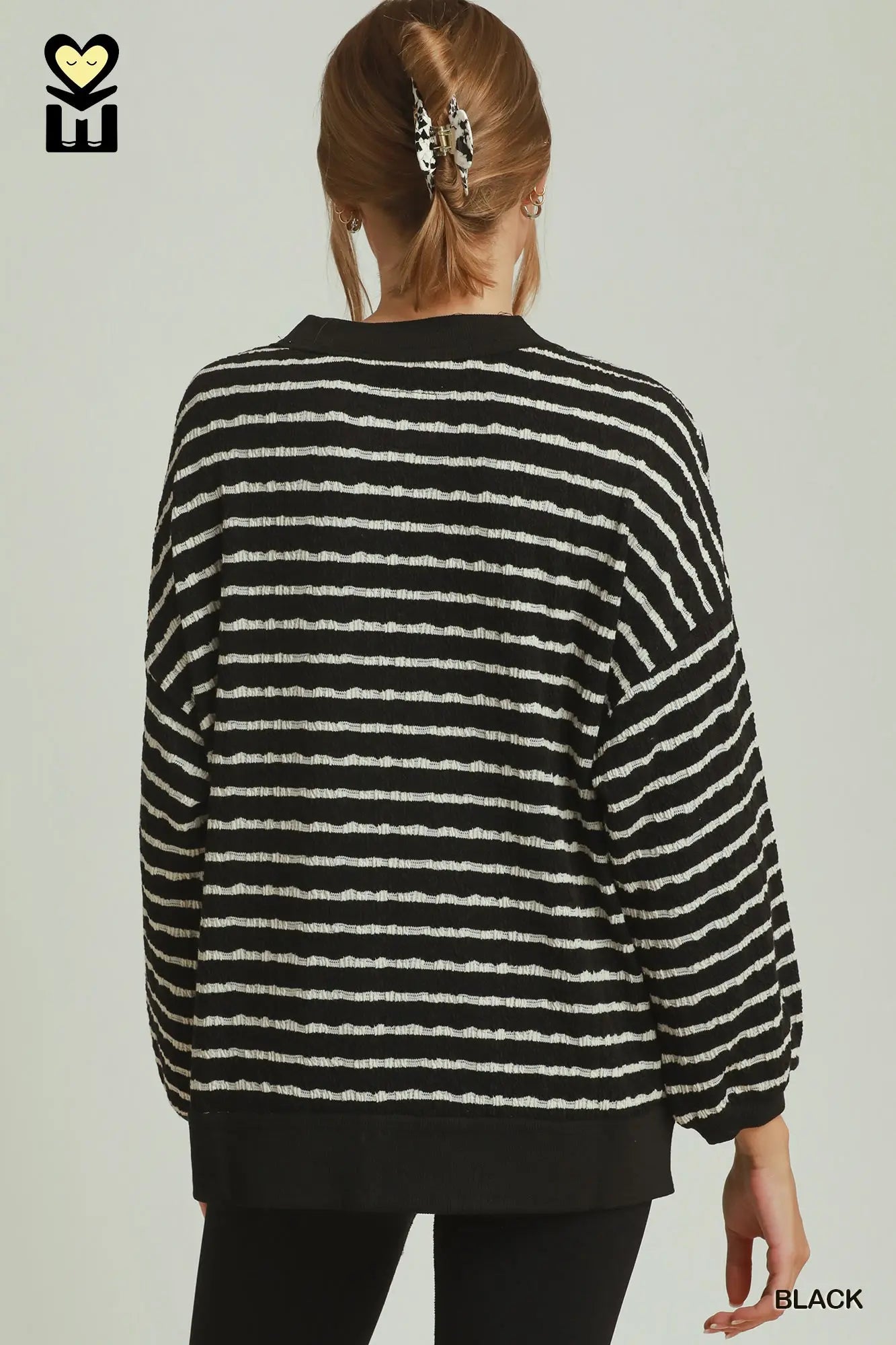 UMGEE Black Cable Knit Textured Stripe Pullover Sweater