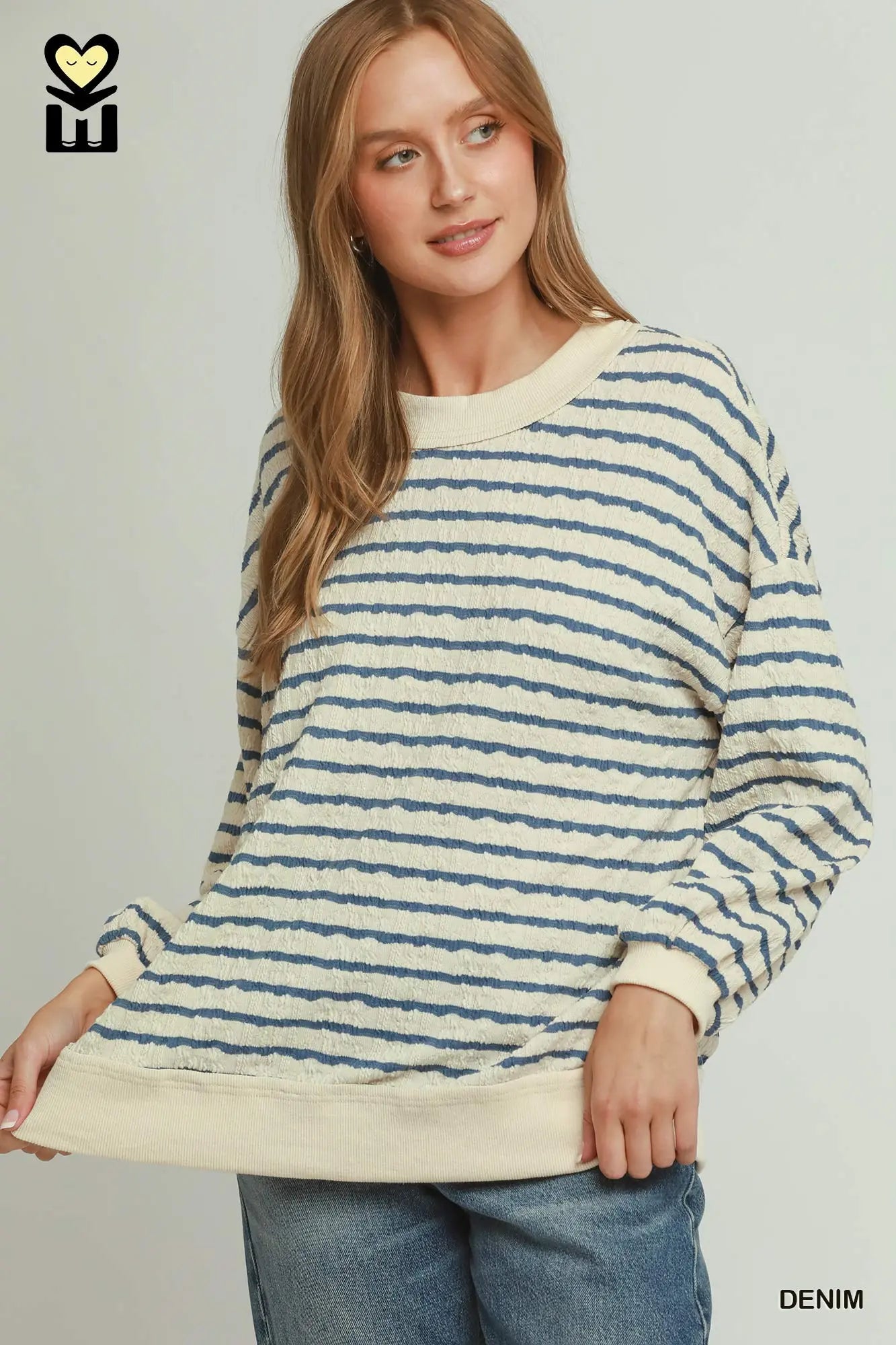 UMGEE Denim Cable Knit Textured Stripe Pullover Sweater