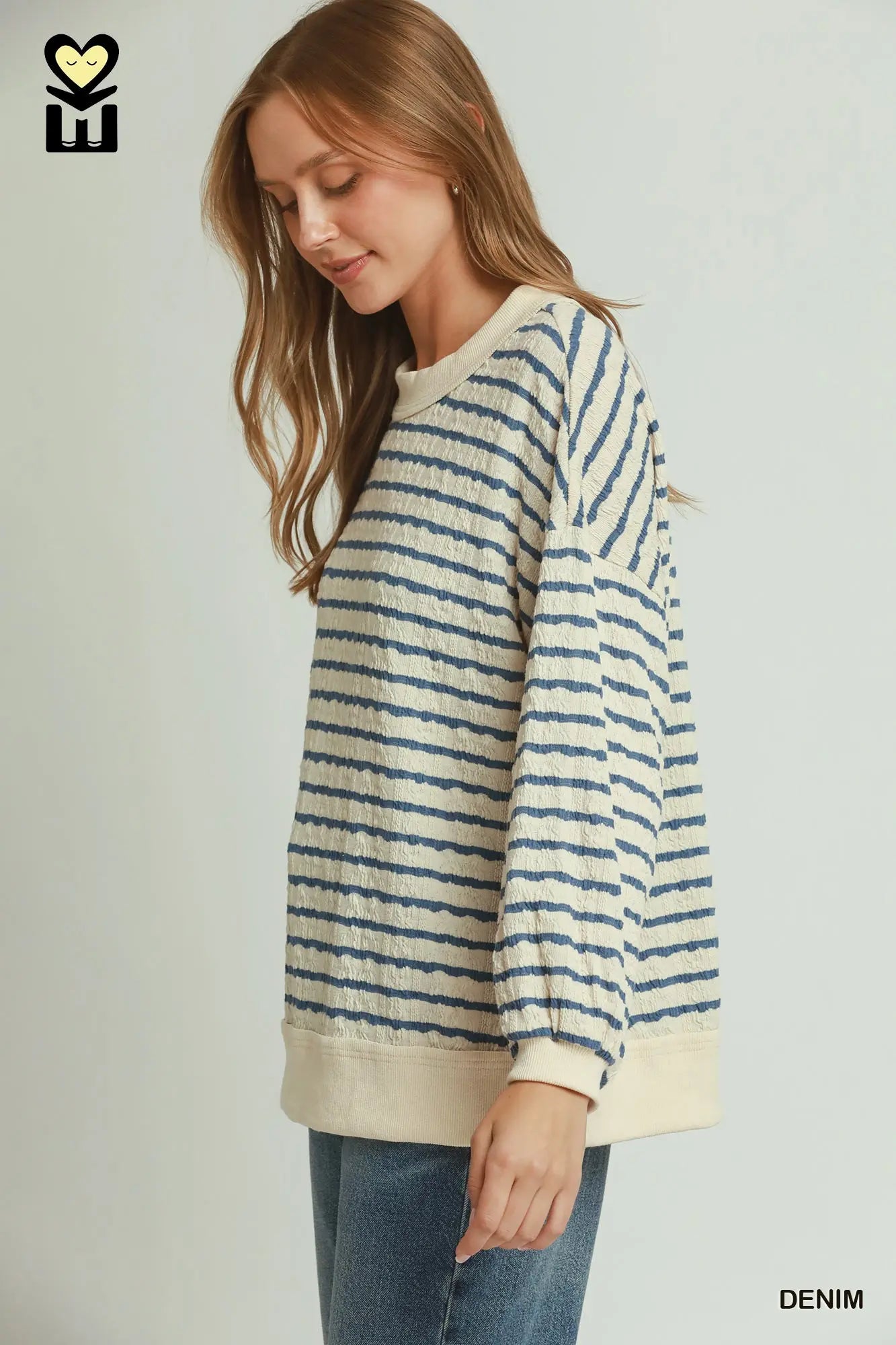 UMGEE Denim Cable Knit Textured Stripe Pullover Sweater