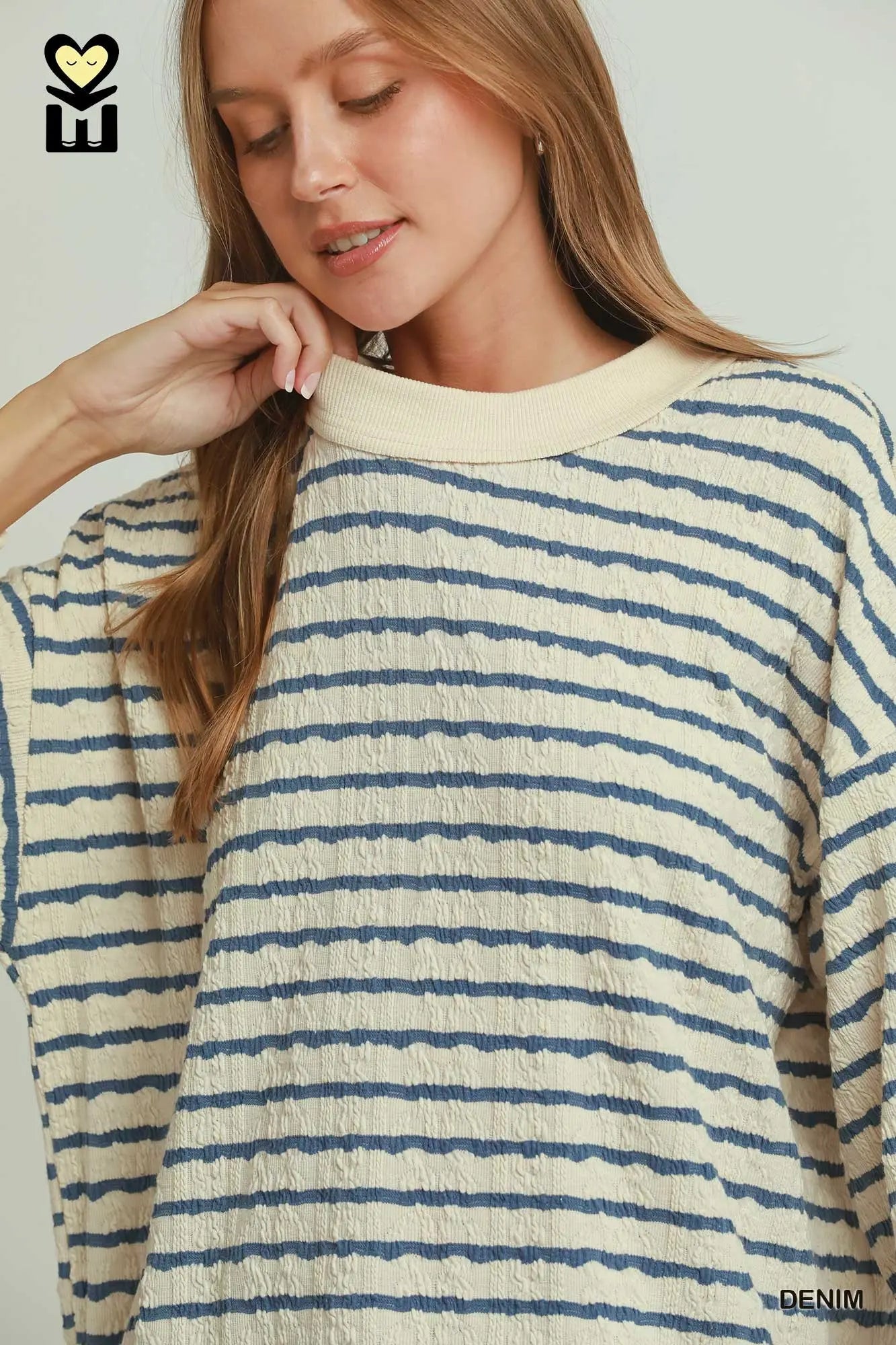 UMGEE Denim Cable Knit Textured Stripe Pullover Sweater