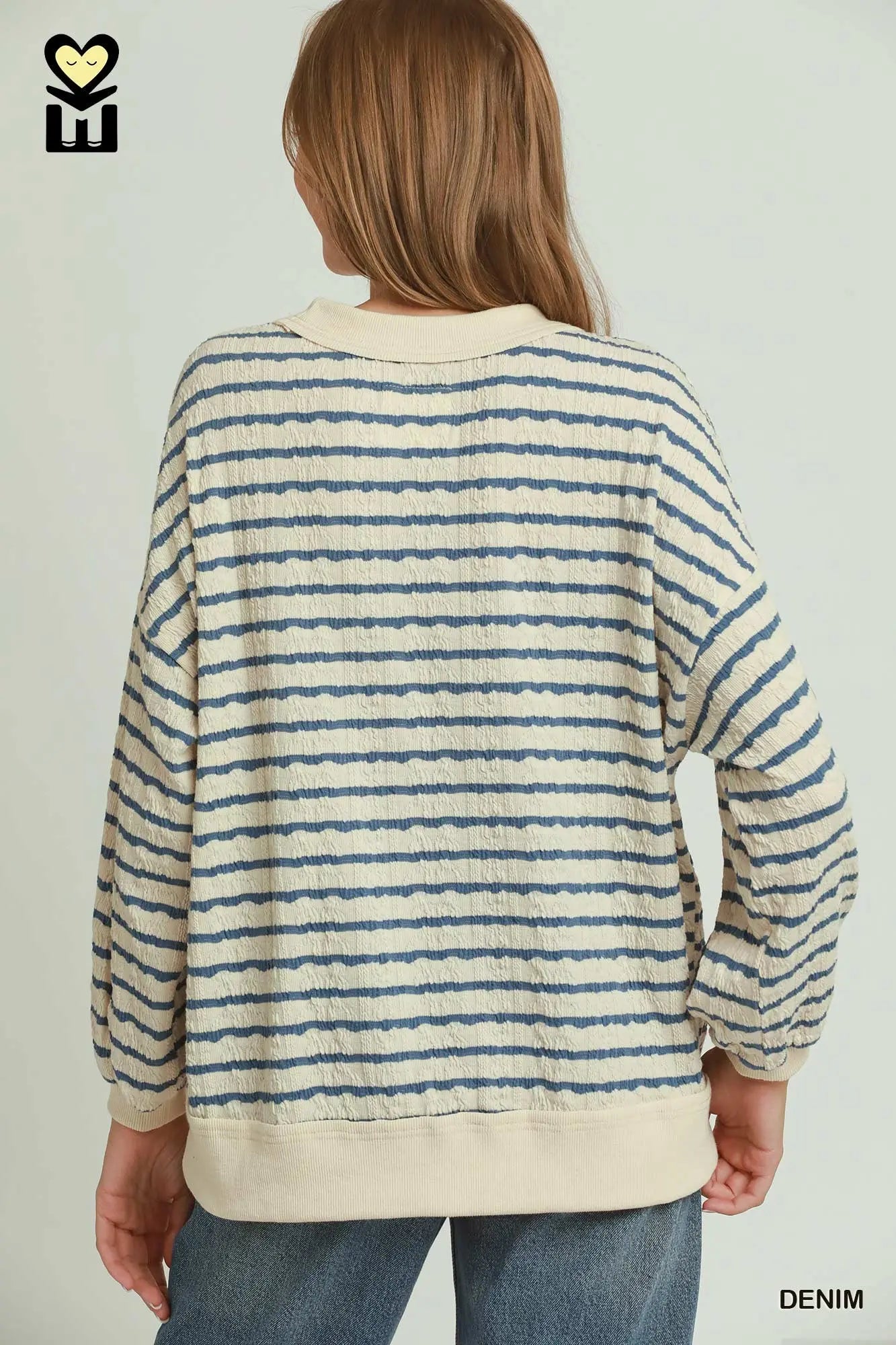 UMGEE Denim Cable Knit Textured Stripe Pullover Sweater