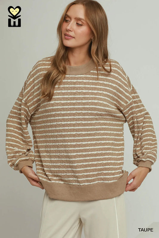 UMGEE Taupe Cable Knit Textured Stripe Pullover Sweater