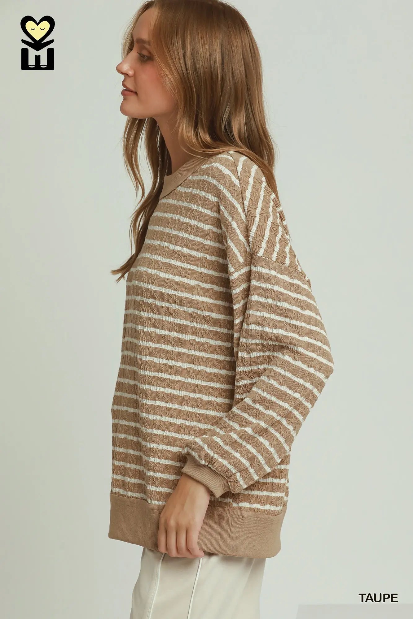 UMGEE Taupe Cable Knit Textured Stripe Pullover Sweater