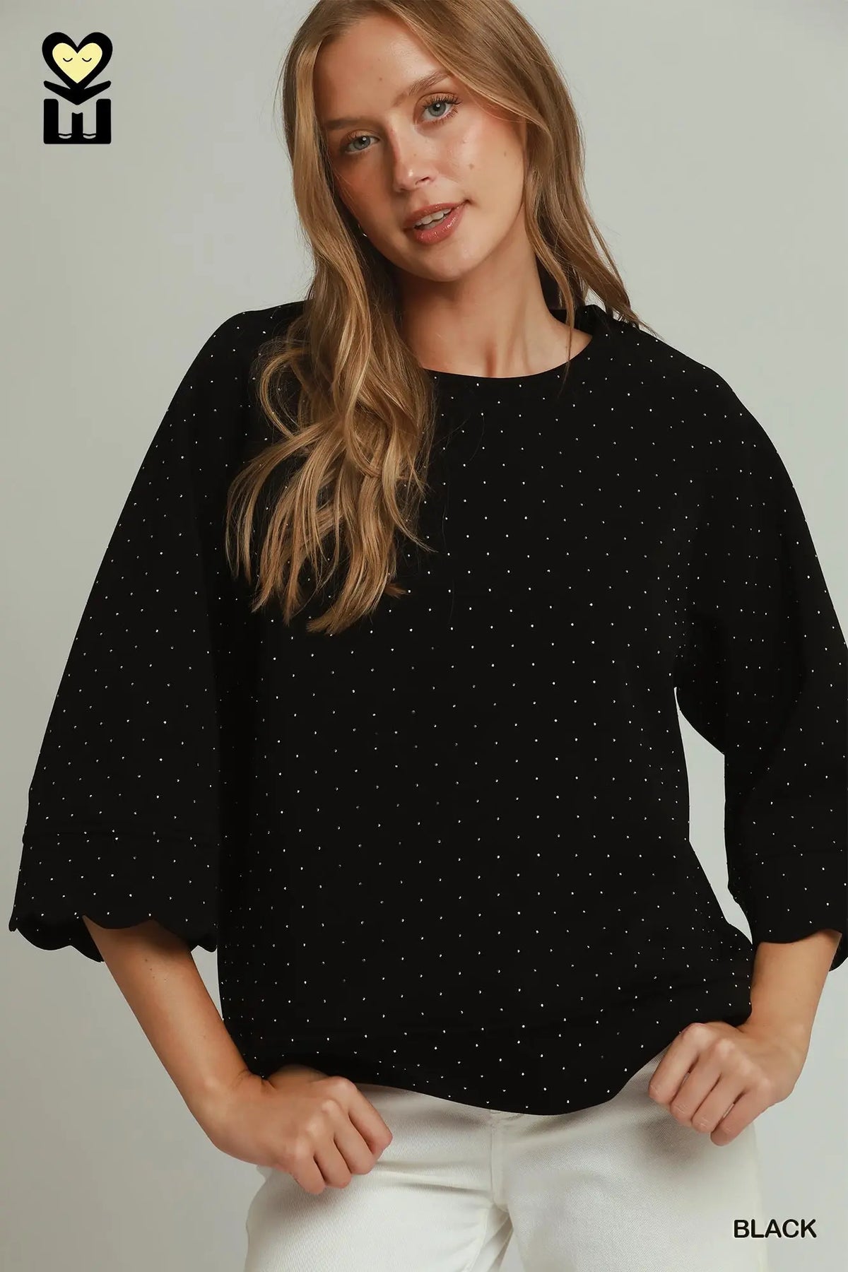 UMGEE Black Bling Scallop Sleeve Top