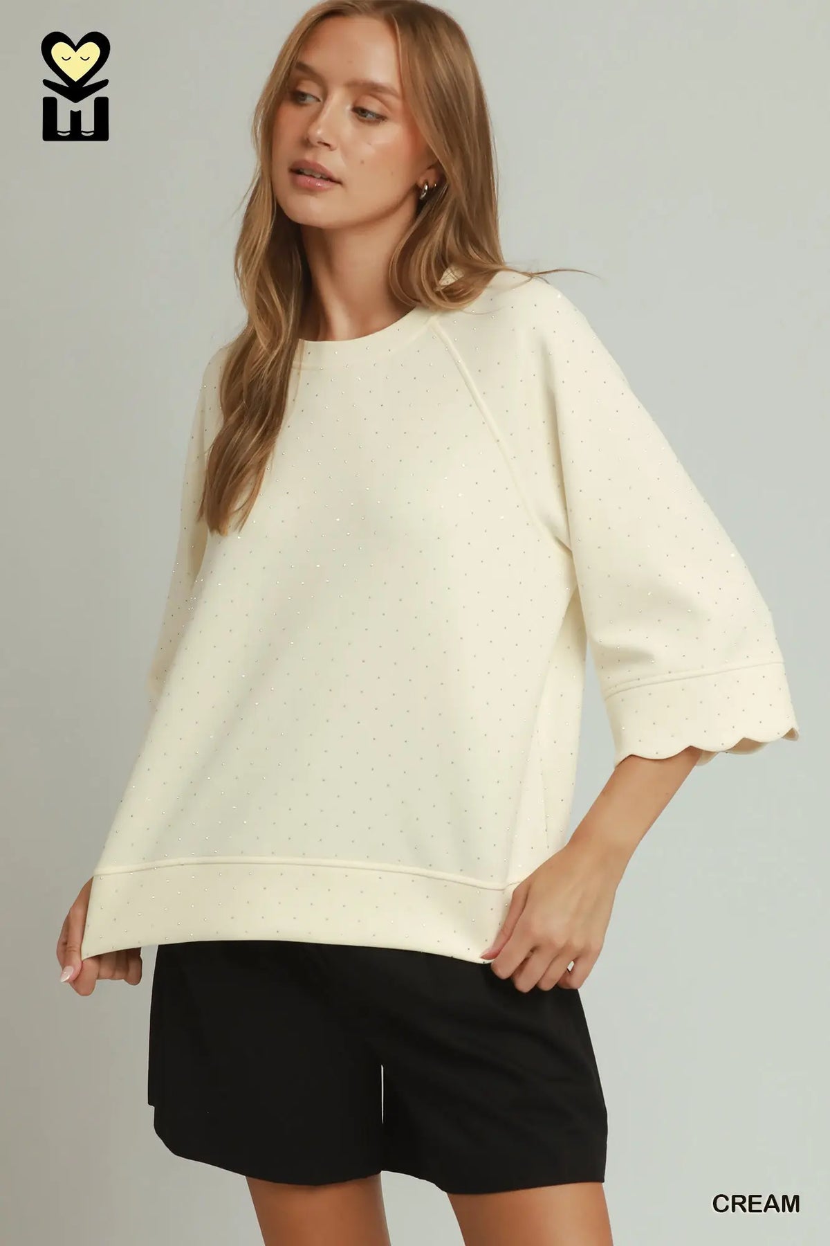 UMGEE Cream Bling Scallop Sleeve Top