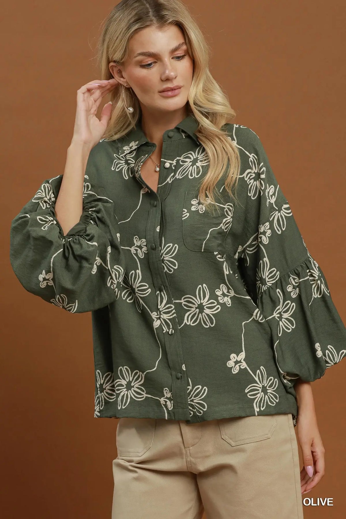 UMGEE Olive Floral Print Balloon Sleeve Top