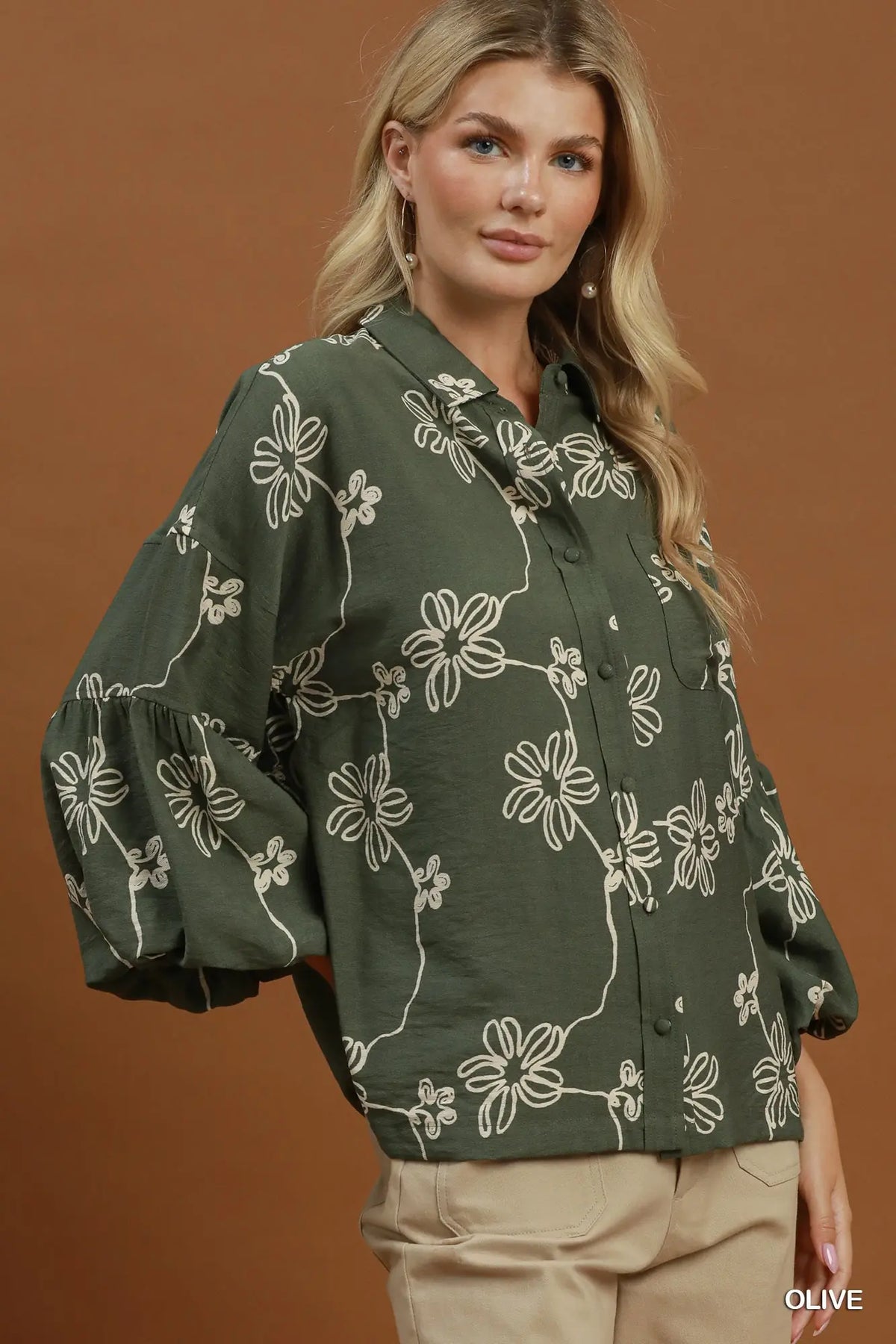 UMGEE Olive Floral Print Balloon Sleeve Top