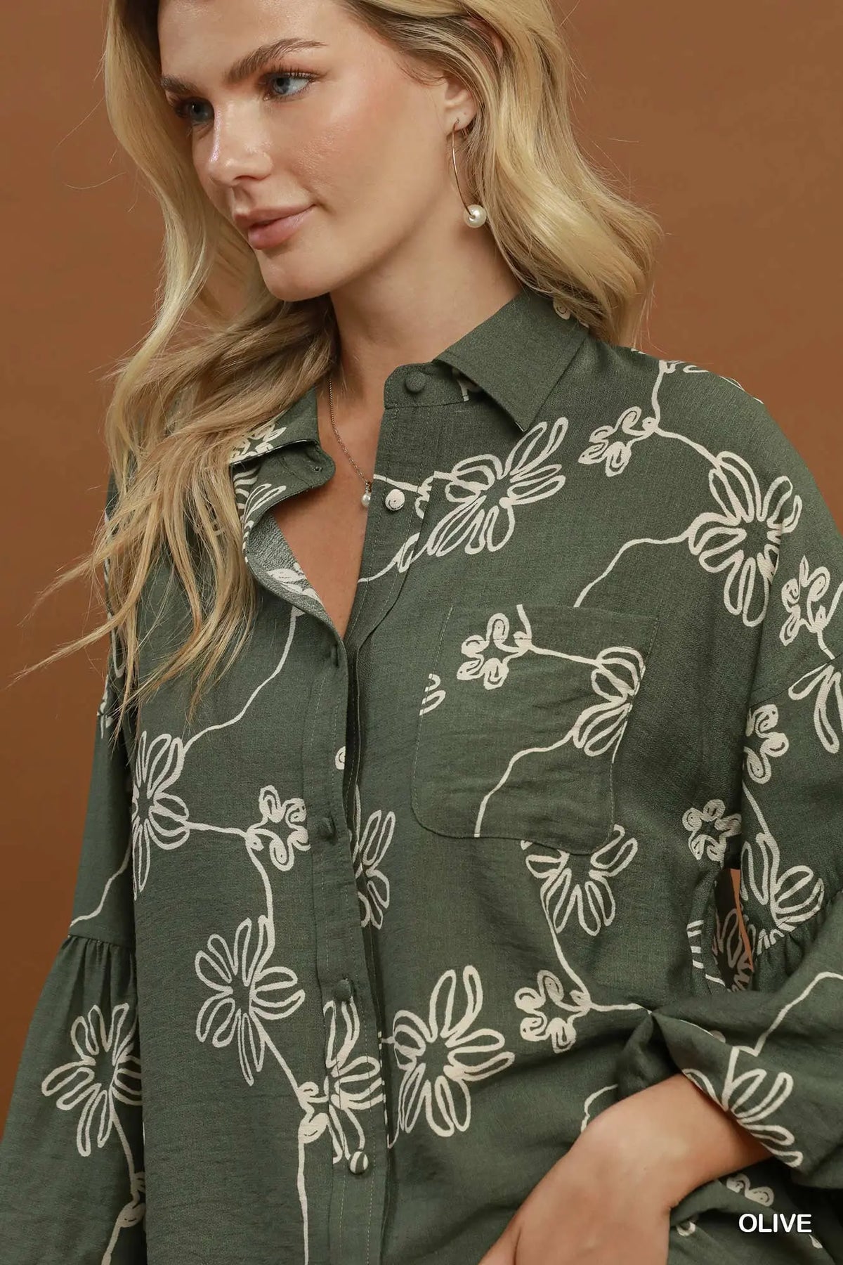 UMGEE Olive Floral Print Balloon Sleeve Top