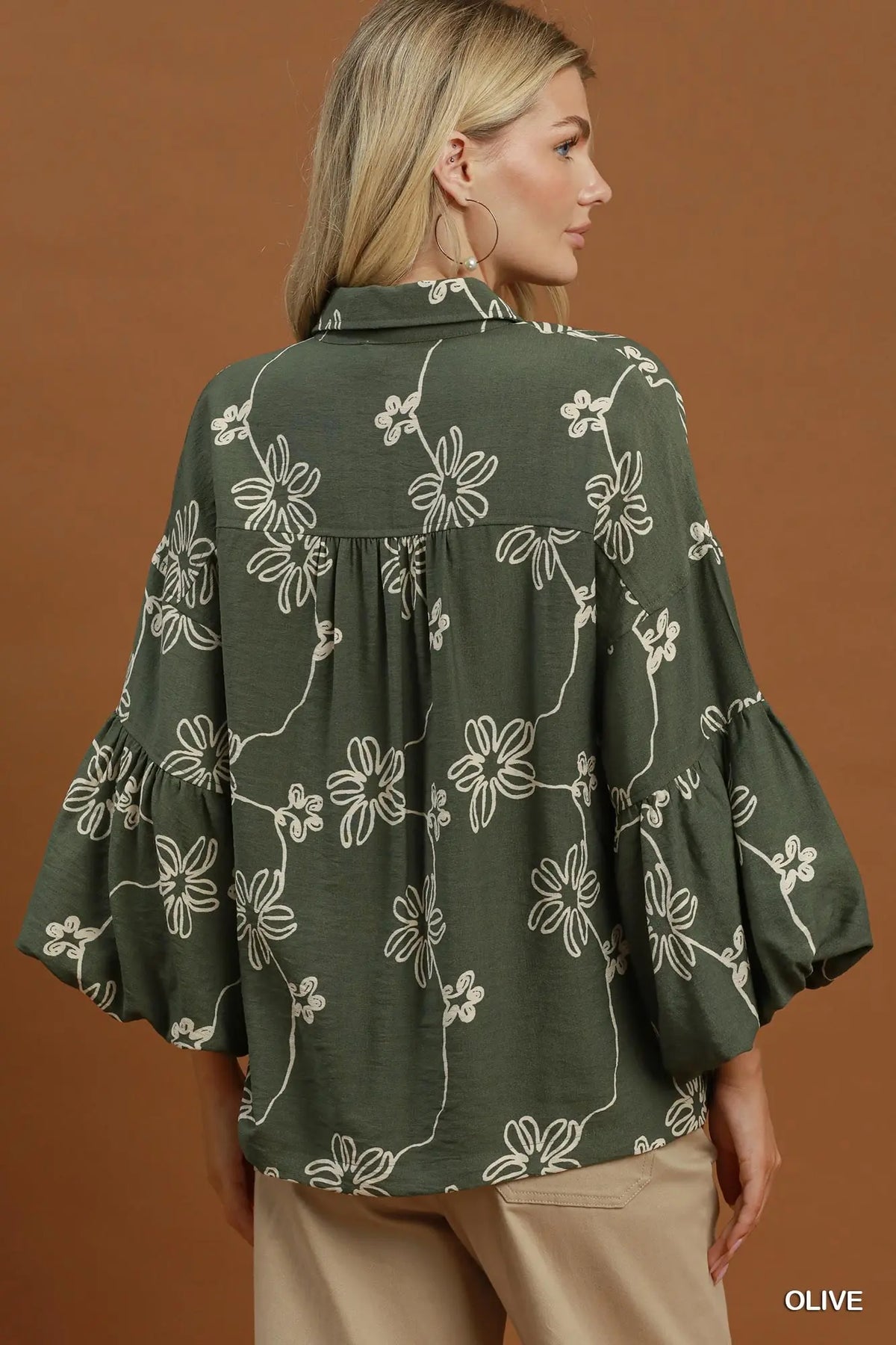 UMGEE Olive Floral Print Balloon Sleeve Top