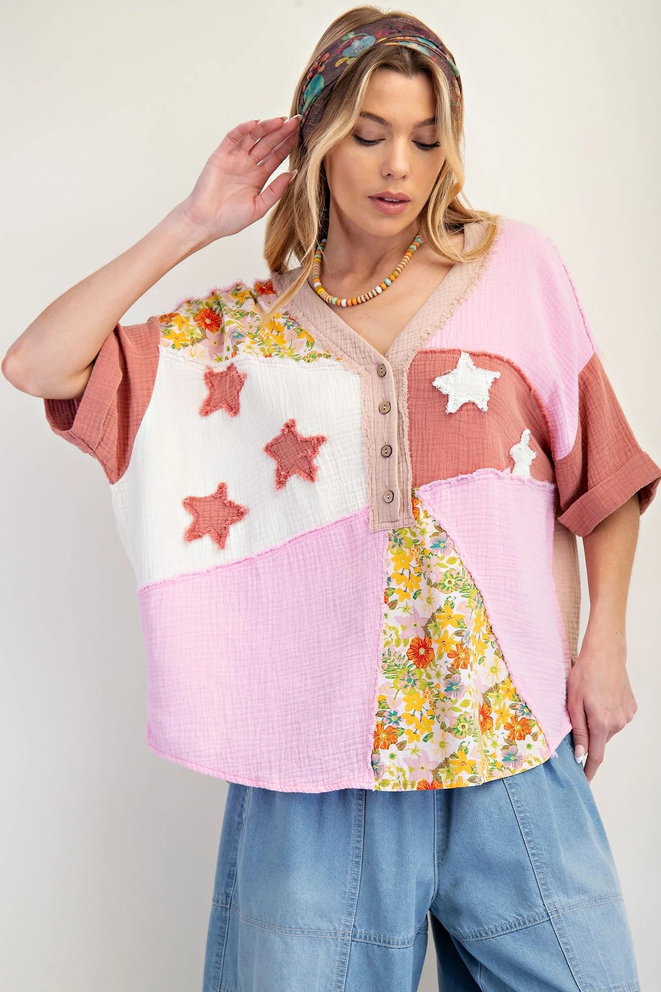 EASEL Patchwork Cotton Gauze Mineral Washed Top Cotton Pink