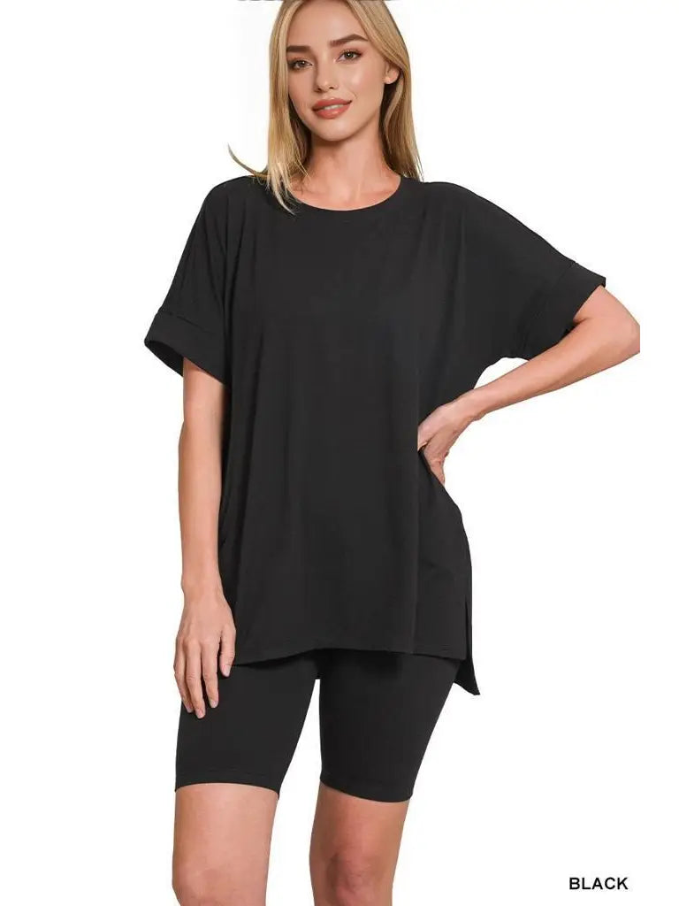 Black Round Neck Biker Short Set