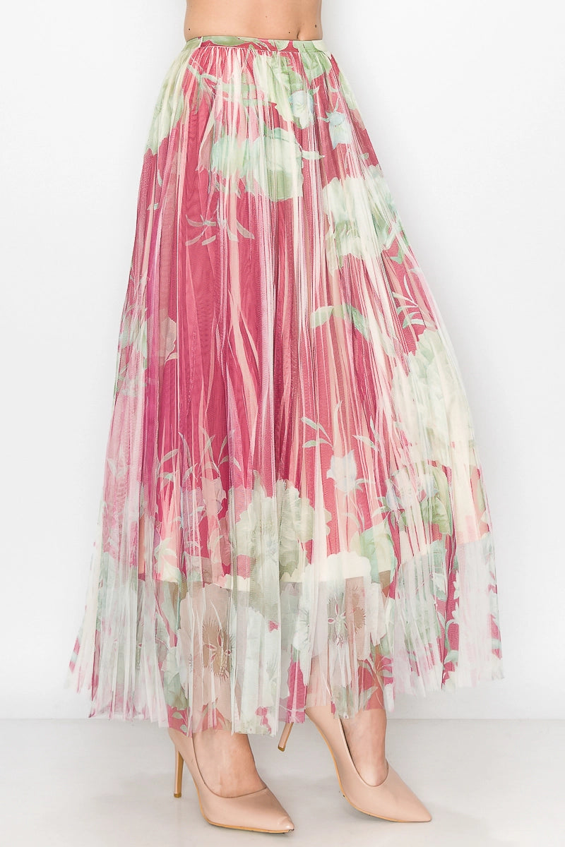 ORIGAMI Chic Lined Pleated Tulle Midi Skirt with Elastic Waist Wine Floral