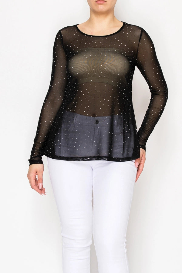 ORIGAMI Sparkly Sheer Mesh Top Black