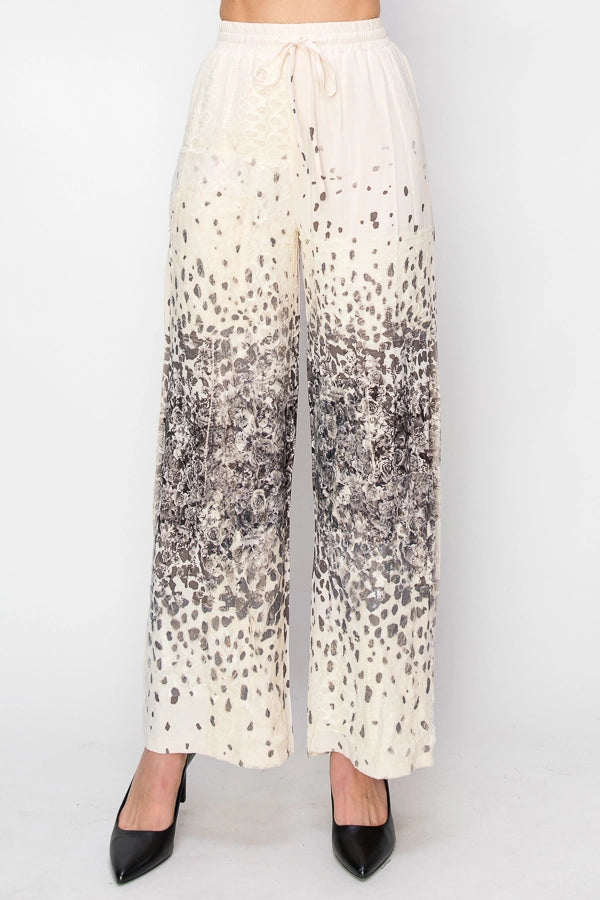 ORIGAMI Relaxed Lace Patchwork Pants with Elastic Drawstring Leopard Rose