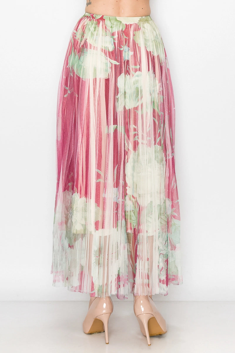 ORIGAMI Chic Lined Pleated Tulle Midi Skirt with Elastic Waist Wine Floral