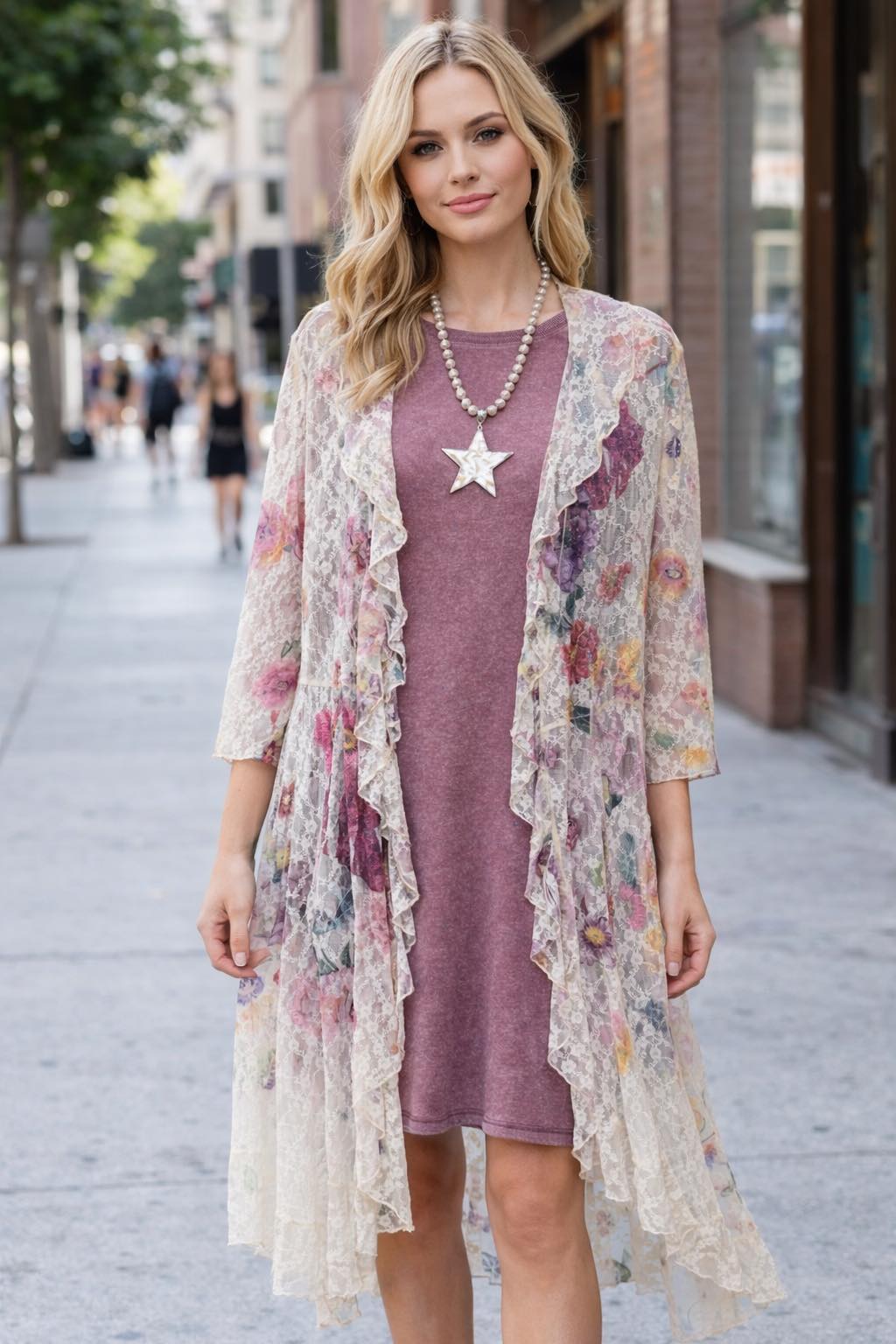 ORIGAMI Purple Fl Lace Cardigan