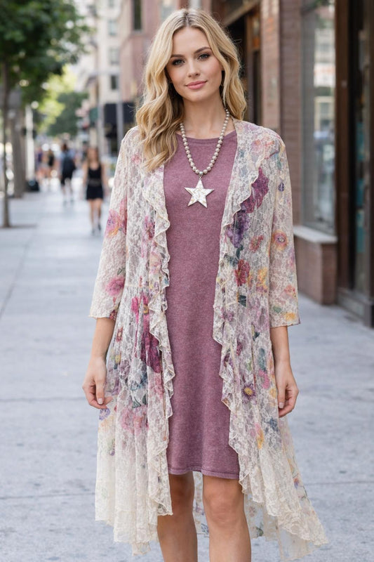 ORIGAMI Purple Fl Lace Cardigan