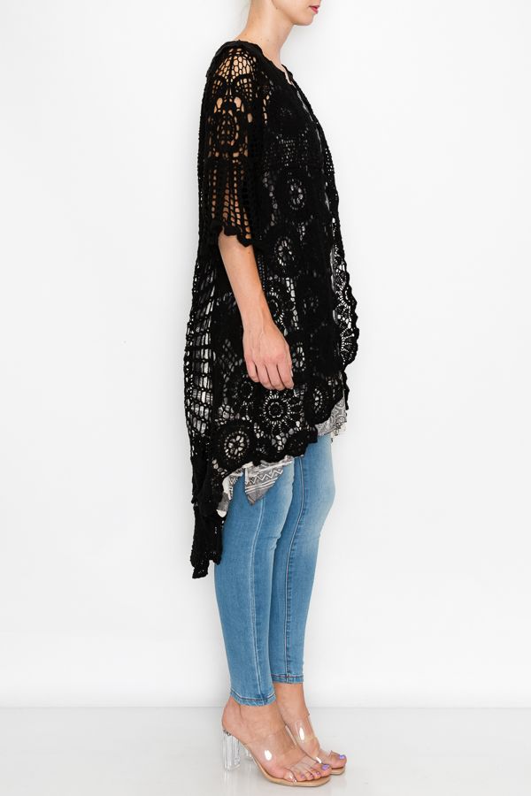 ORIGAMI Black High Low Crochet Cardigan
