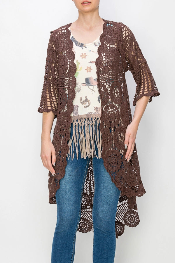 ORIGAMI Brown High Low Crochet Cardigan