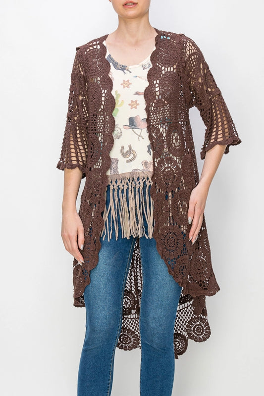 ORIGAMI Brown High Low Crochet Cardigan